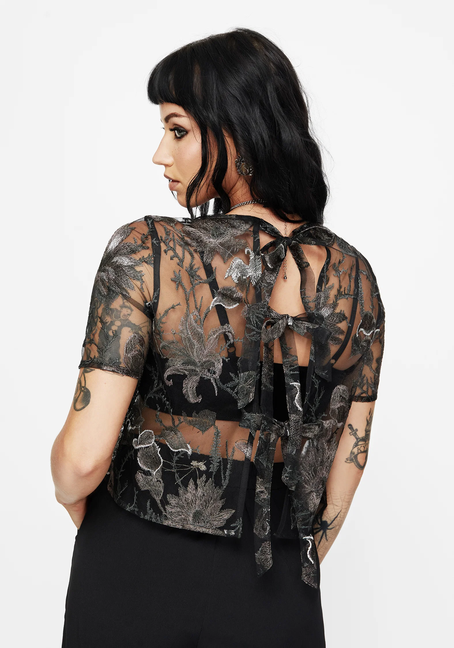 Estrid Embroidered Mesh Tie Back Blouse Top - Silver - Image 3