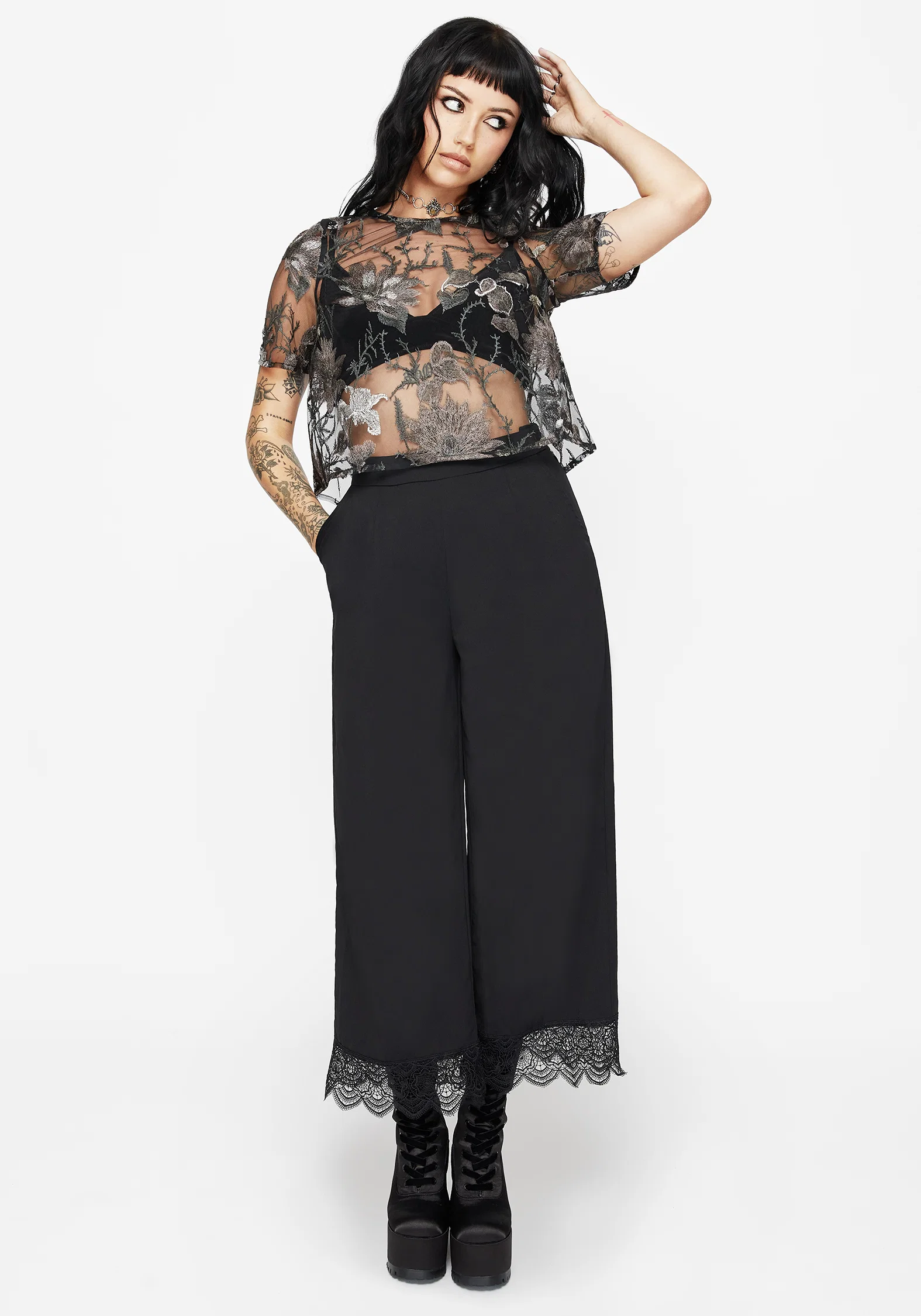 Estrid Embroidered Mesh Tie Back Blouse Top - Silver - Image 5