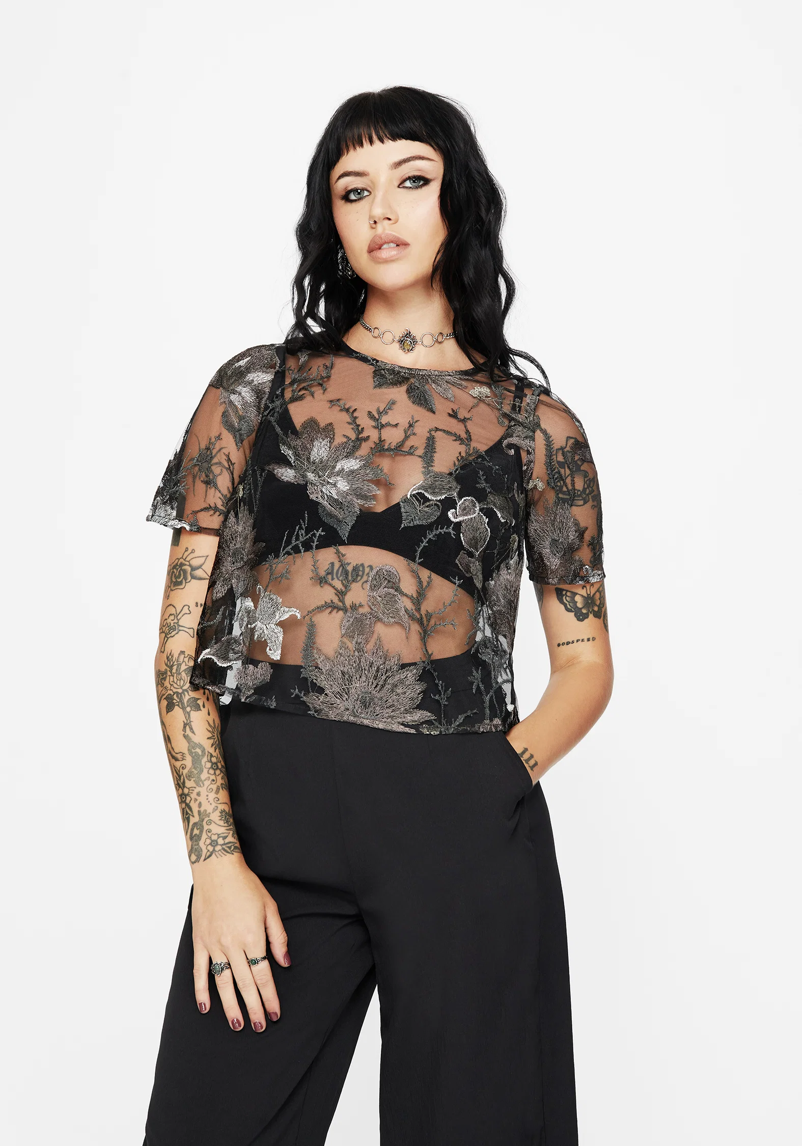 Estrid Embroidered Mesh Tie Back Blouse Top - Silver - Image 6
