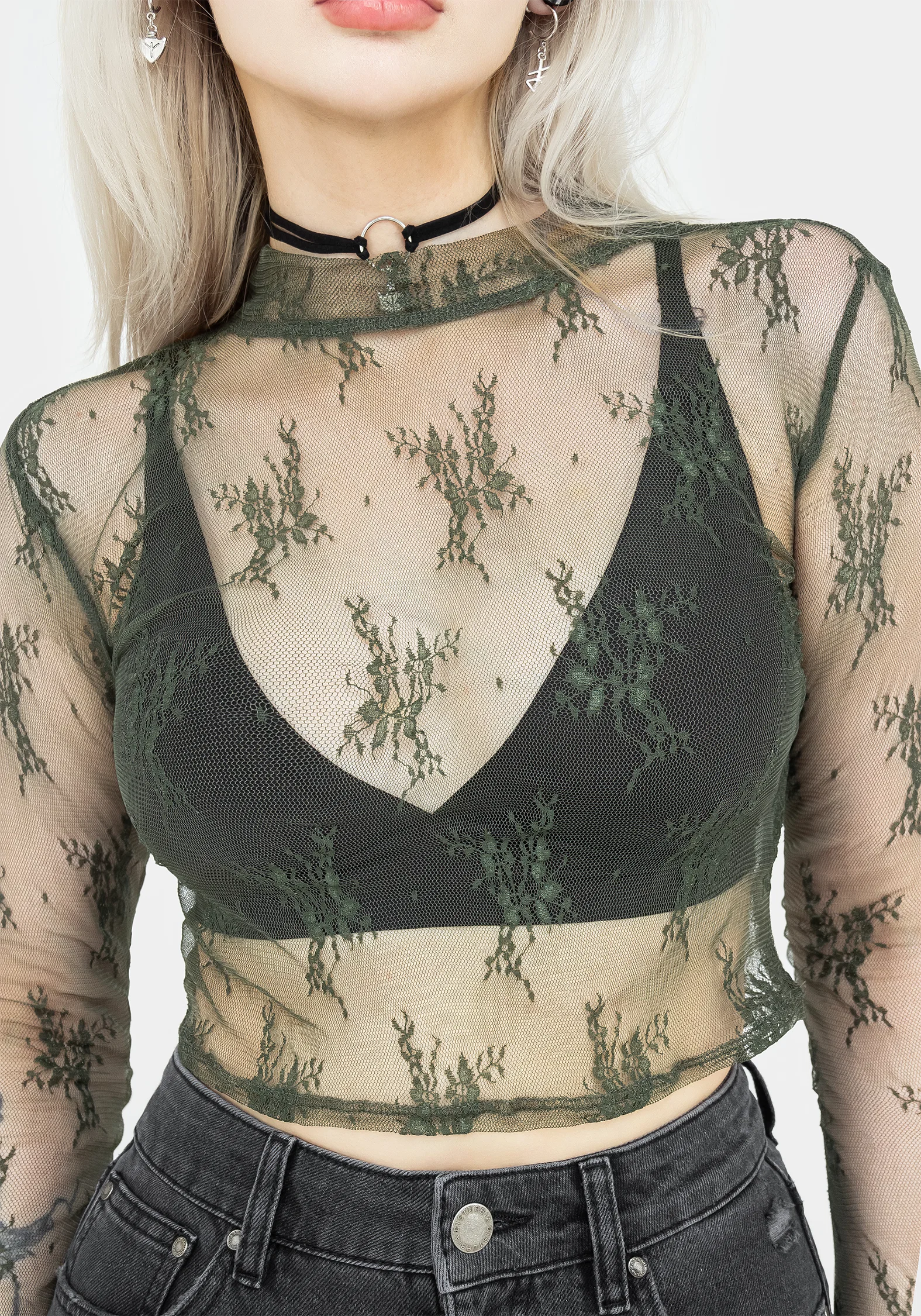 Eternal Lace Long Sleeve Crop Top - Green - Image 2