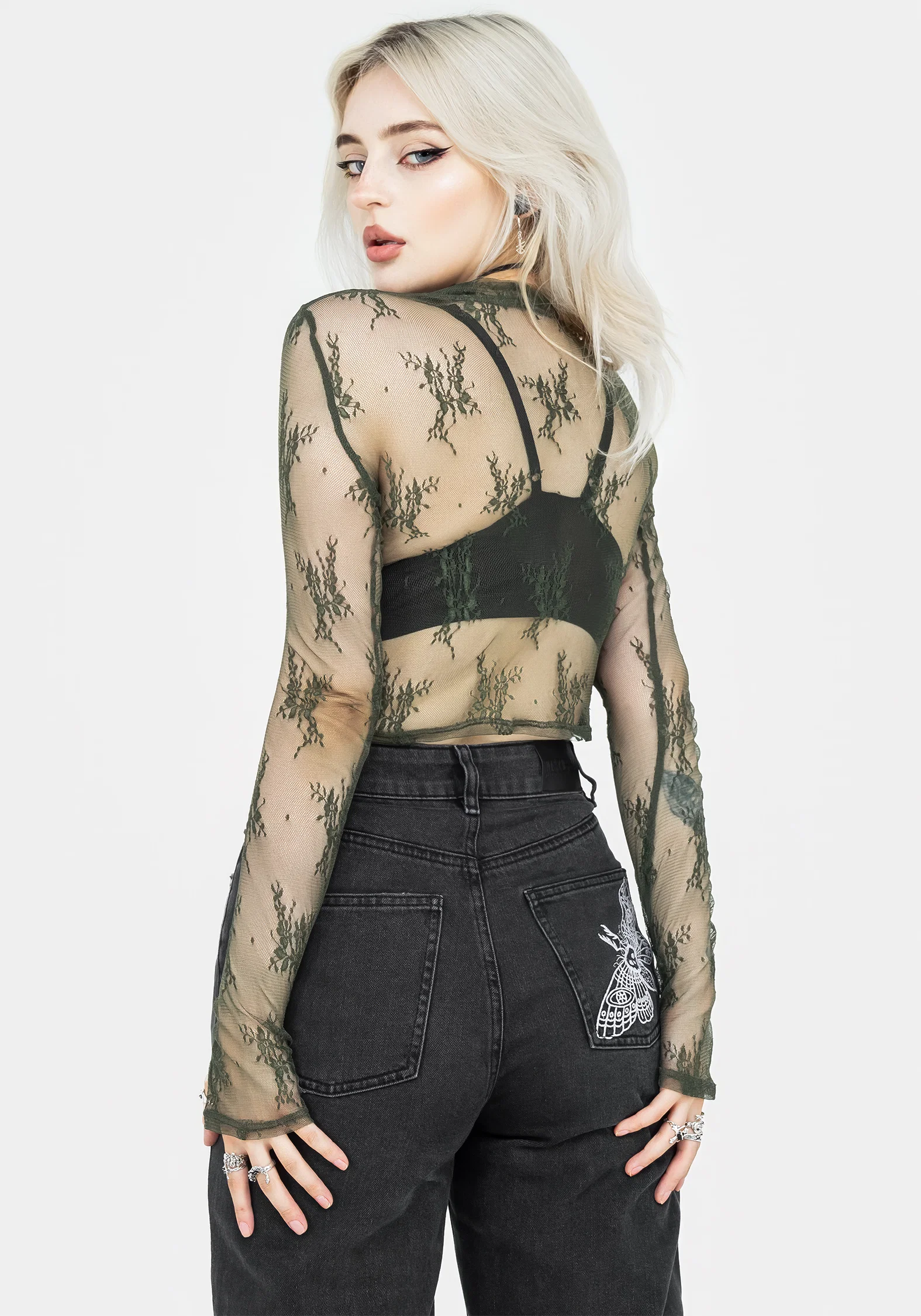 Eternal Lace Long Sleeve Crop Top - Green - Image 3
