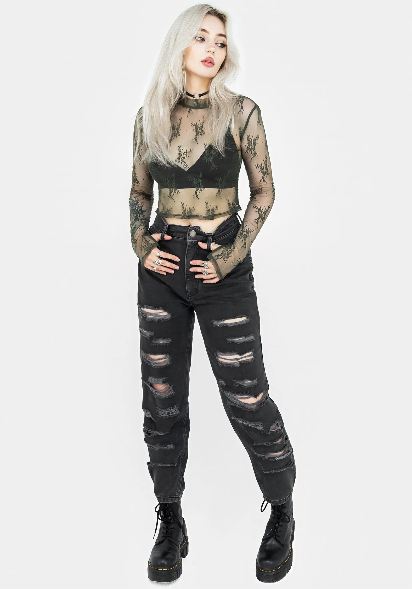 Eternal Lace Long Sleeve Crop Top - Green - Image 5