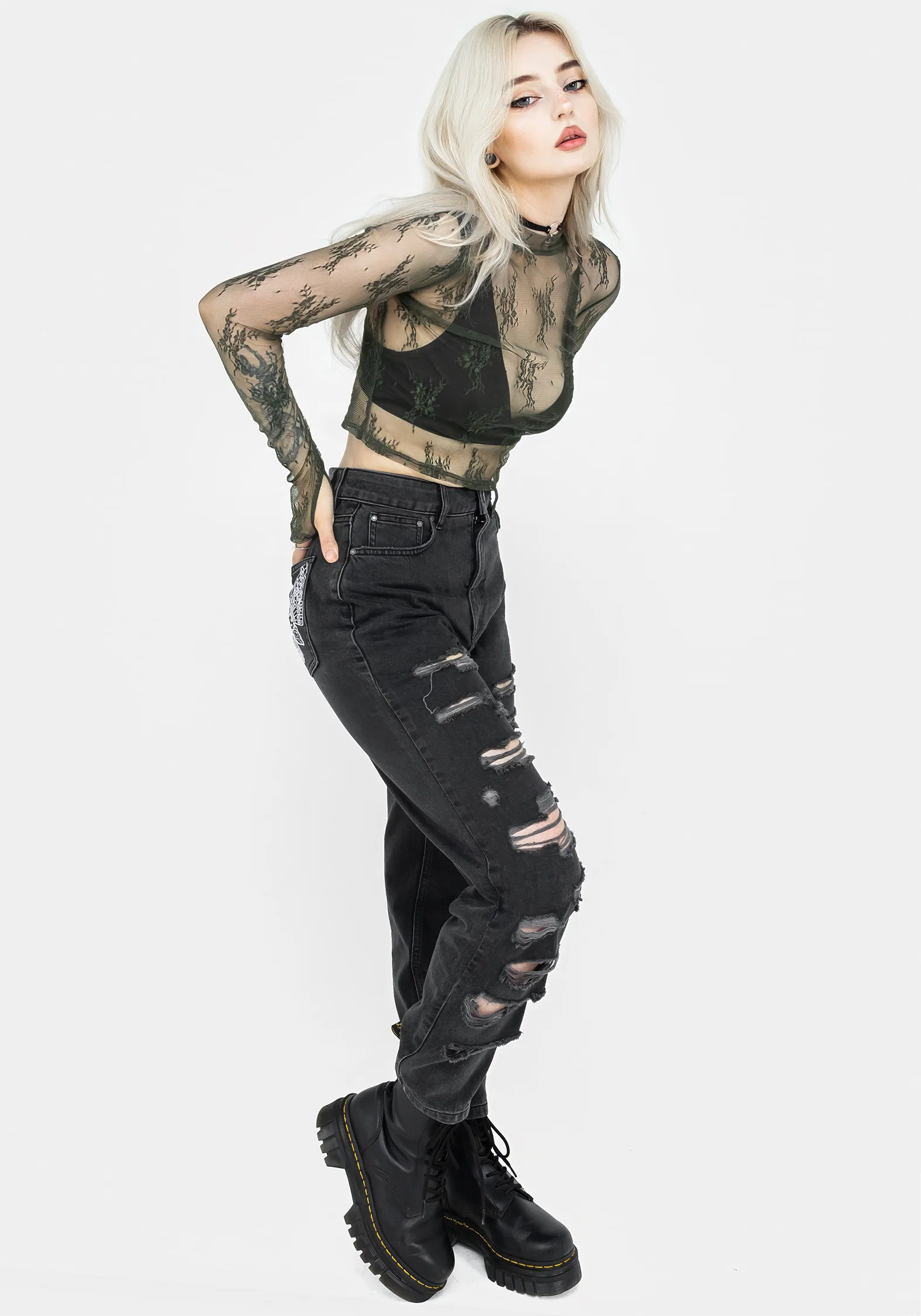 Eternal Lace Long Sleeve Crop Top - Green - Image 6