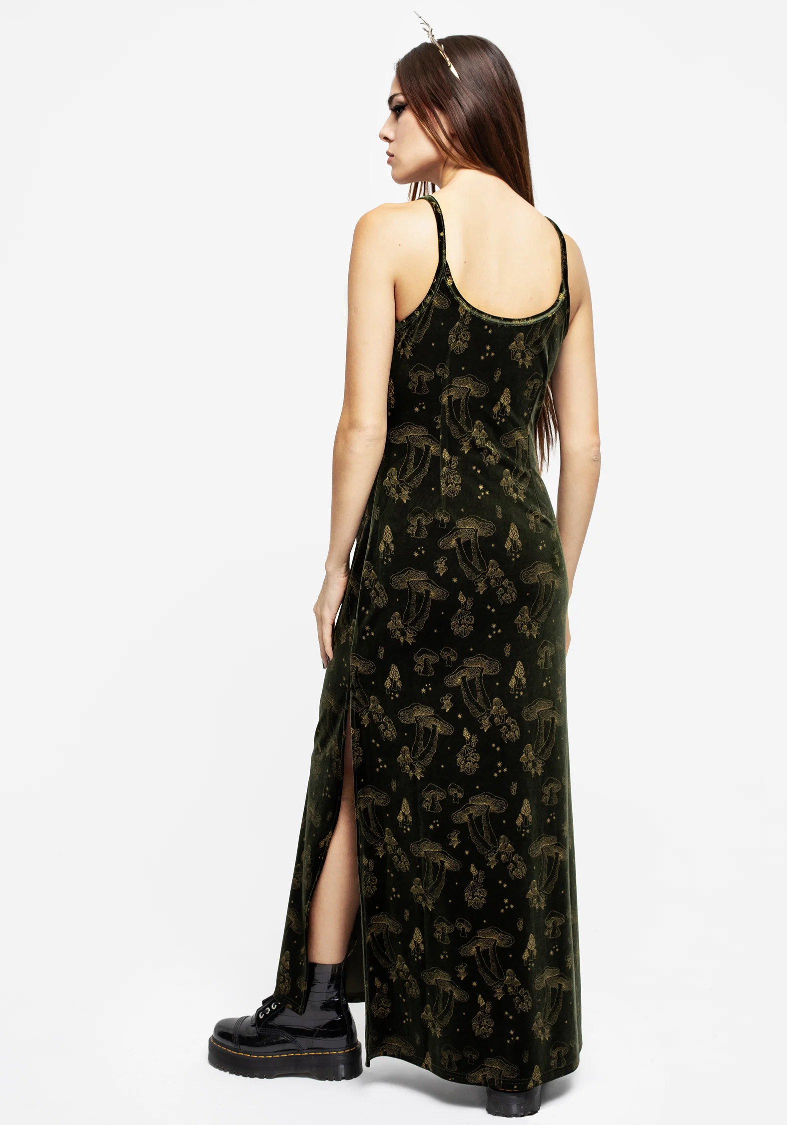 Faefire Foil Print Velour Maxi Slip Gown - Green - Image 3