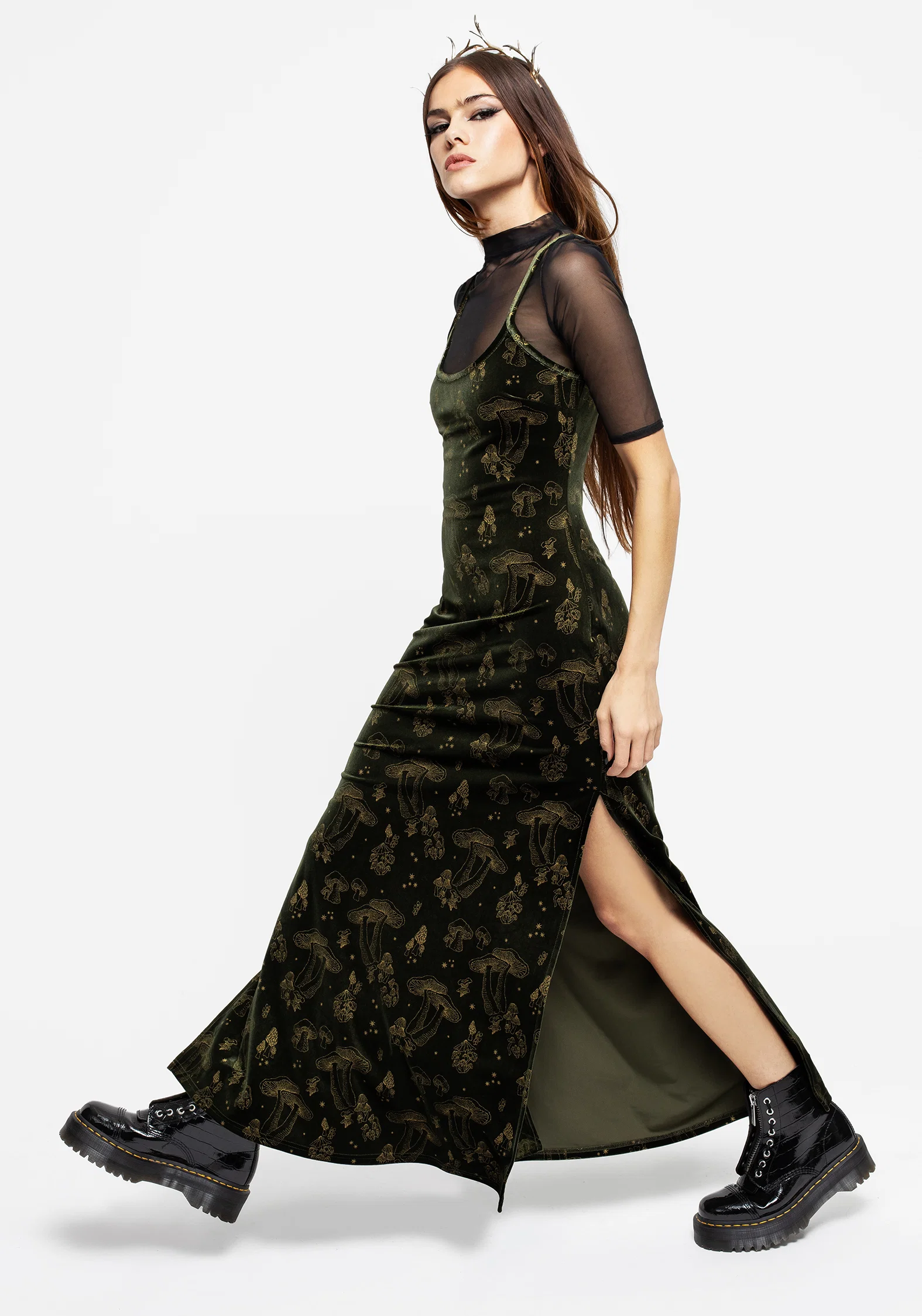 Faefire Foil Print Velour Maxi Slip Gown - Green - Image 6