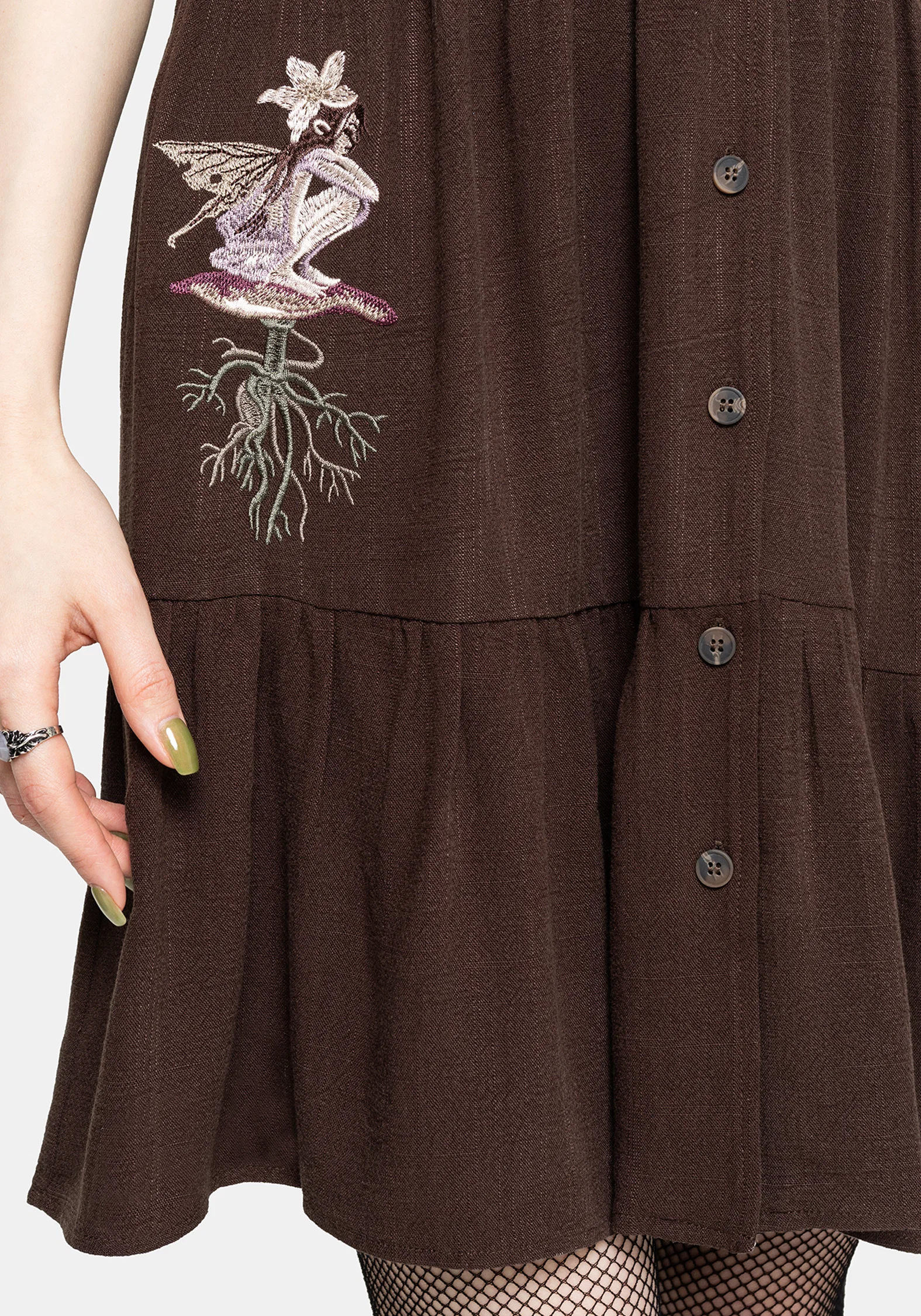 Faela Fairy Embroidered Button Up V-Neck Peplum Mini Dress - Image 5