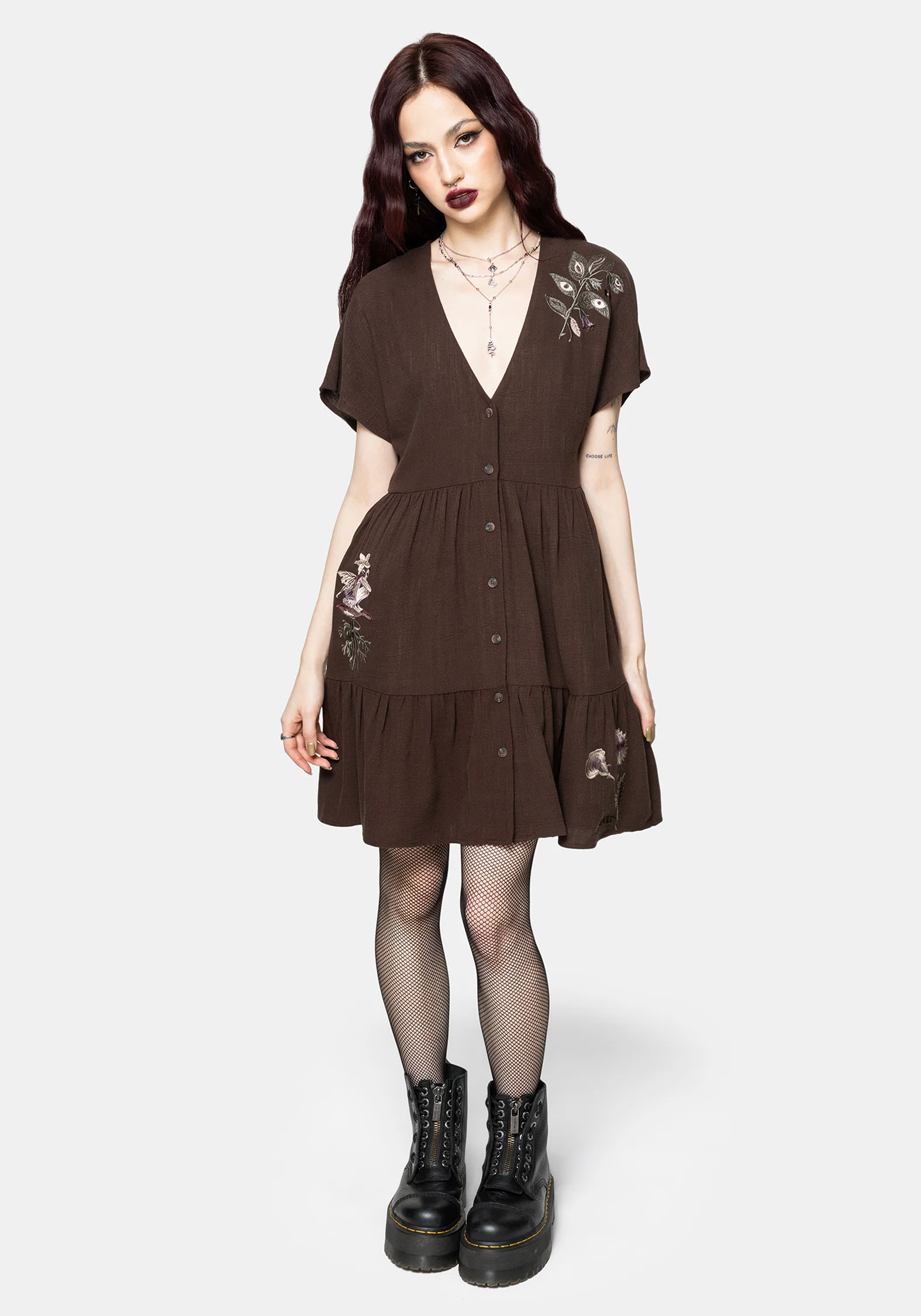 Faela Fairy Embroidered Button Up V-Neck Peplum Mini Dress - Image 6