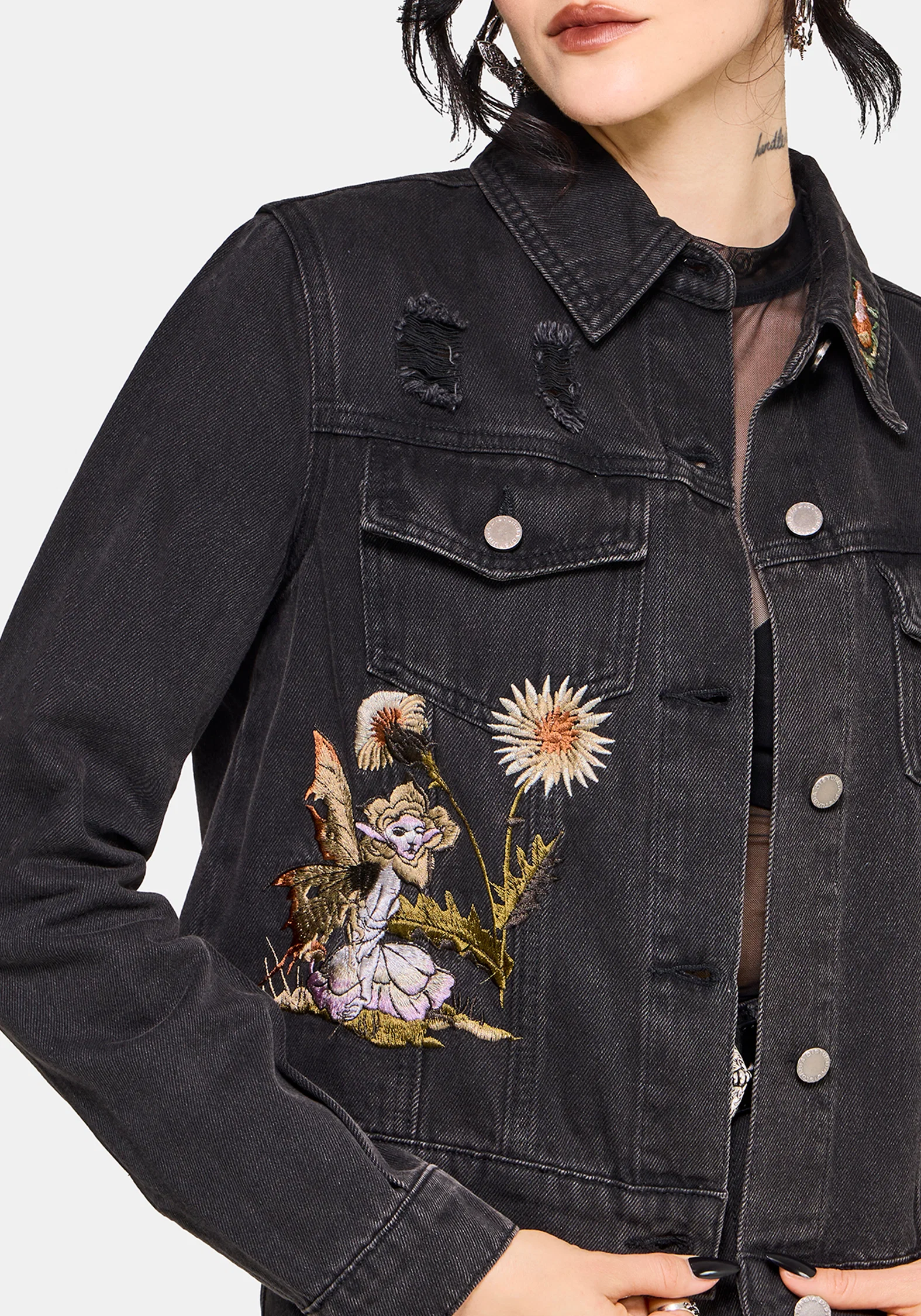 Faela Fairy Embroidered Distressed Denim Jacket - Image 4