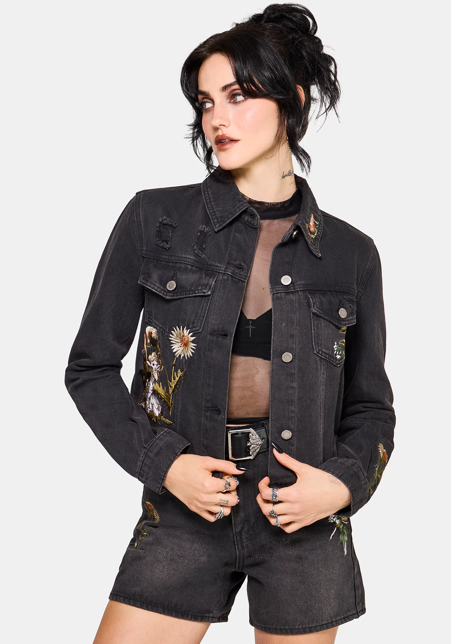 Faela Fairy Embroidered Distressed Denim Jacket - Image 5