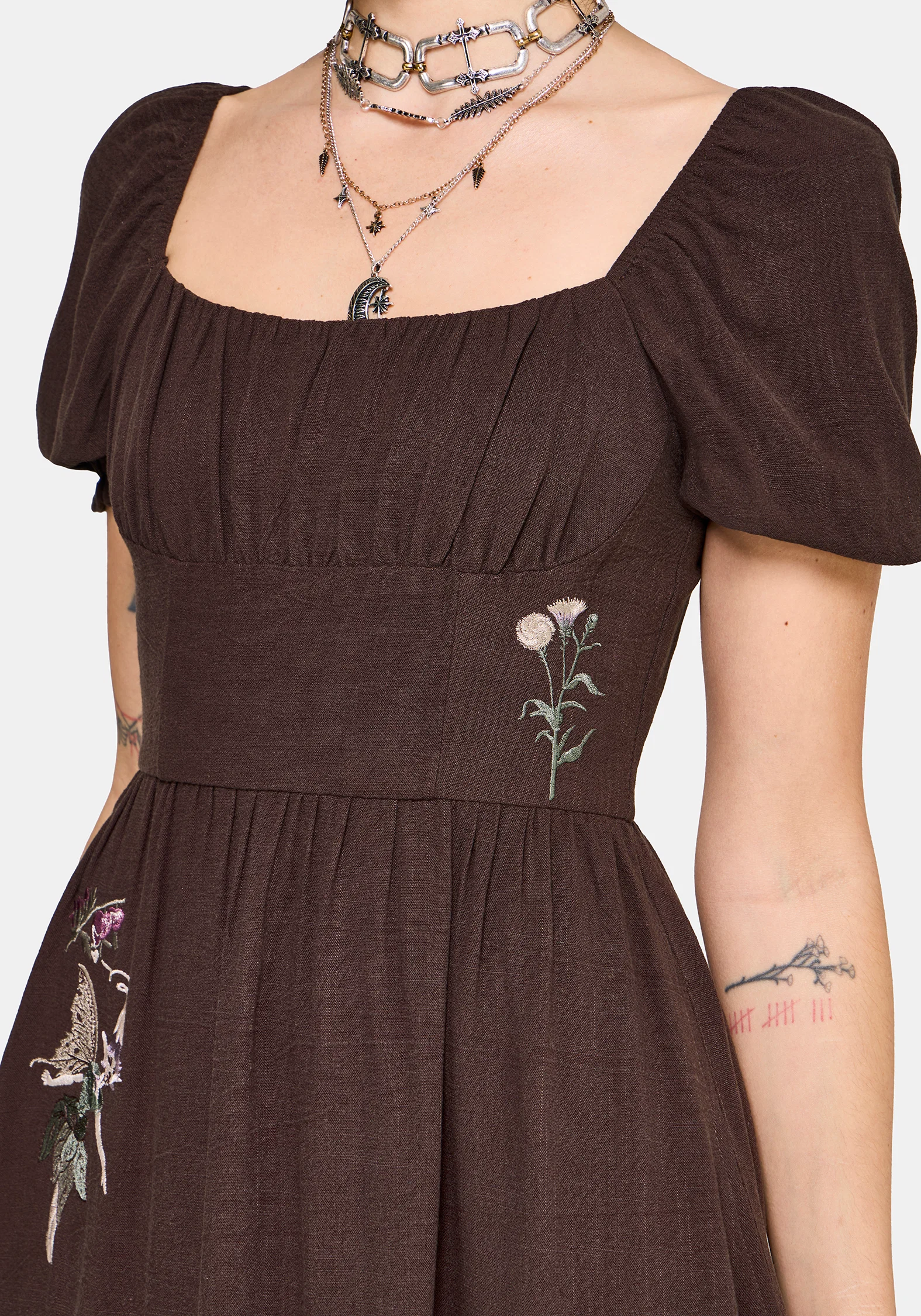 Faela Fairy Embroidered Milkmaid Ruched Midi Dress - Image 2