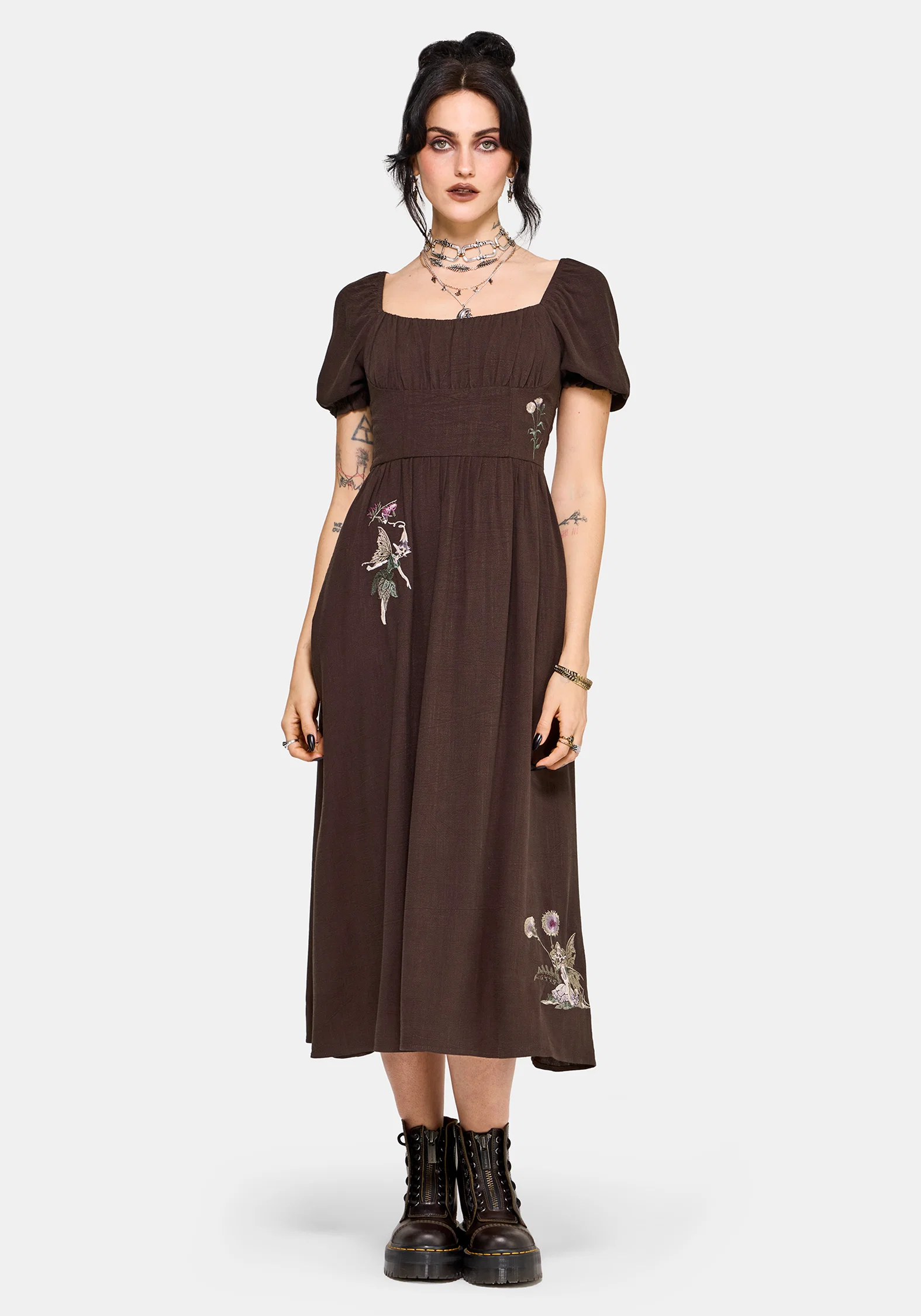 Faela Fairy Embroidered Milkmaid Ruched Midi Dress - Image 5
