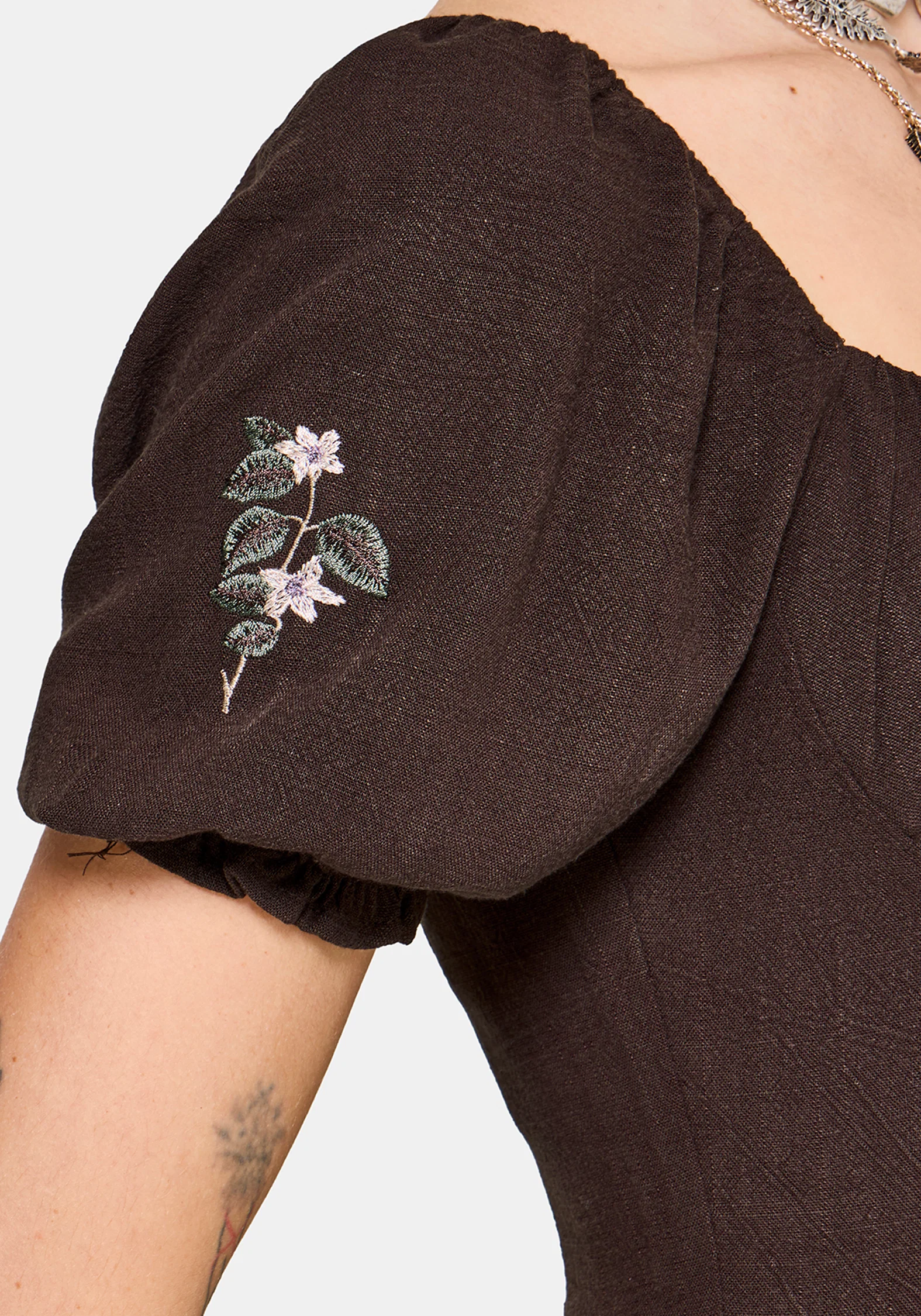 Faela Fairy Embroidered Milkmaid Ruched Midi Dress - Image 6