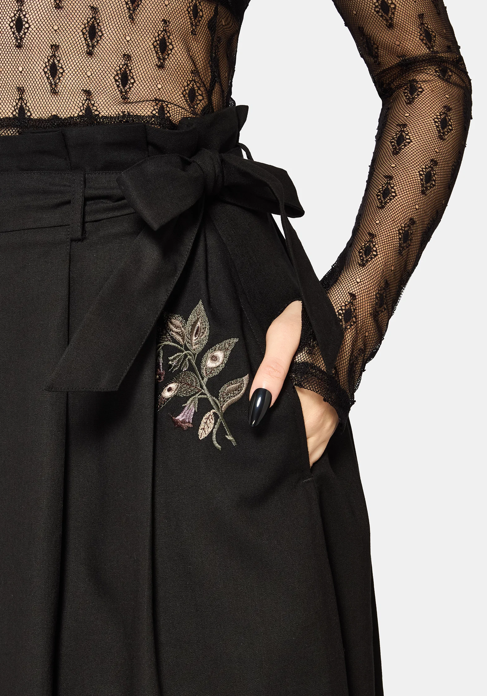 Faela Fairy Embroidered Tie Waist Paperbag Midi Skirt - Image 2