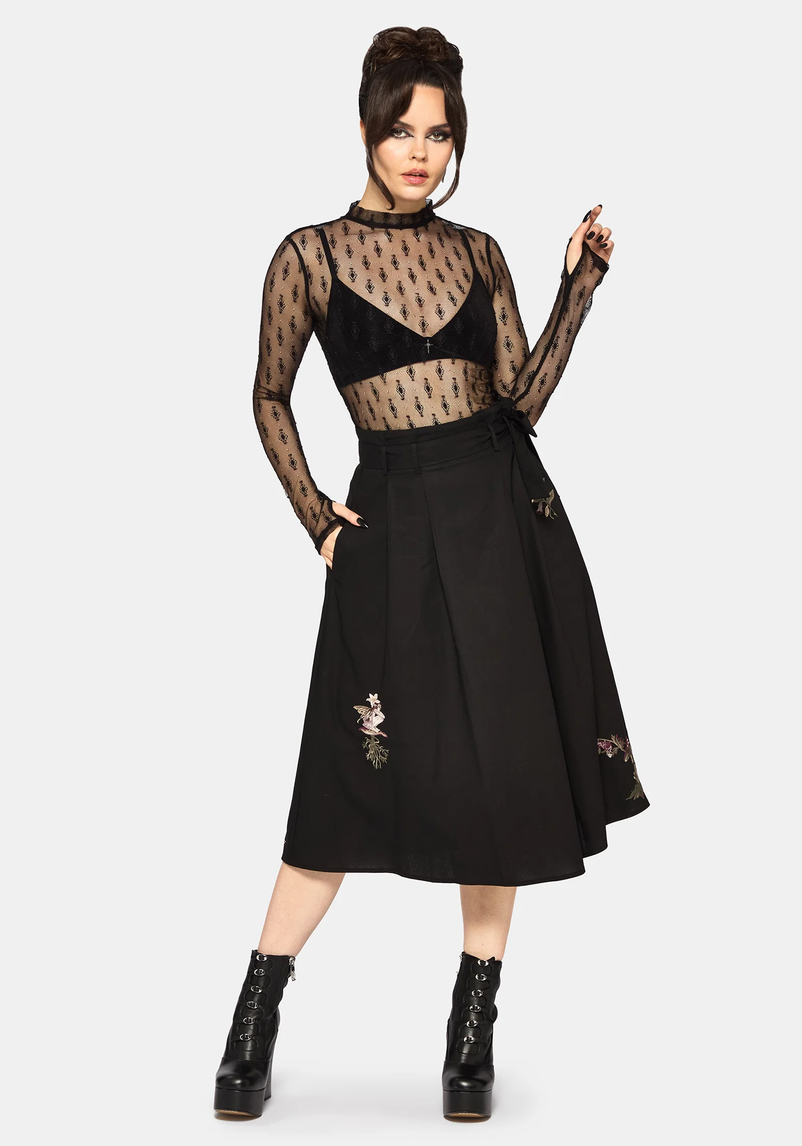 Faela Fairy Embroidered Tie Waist Paperbag Midi Skirt - Image 4