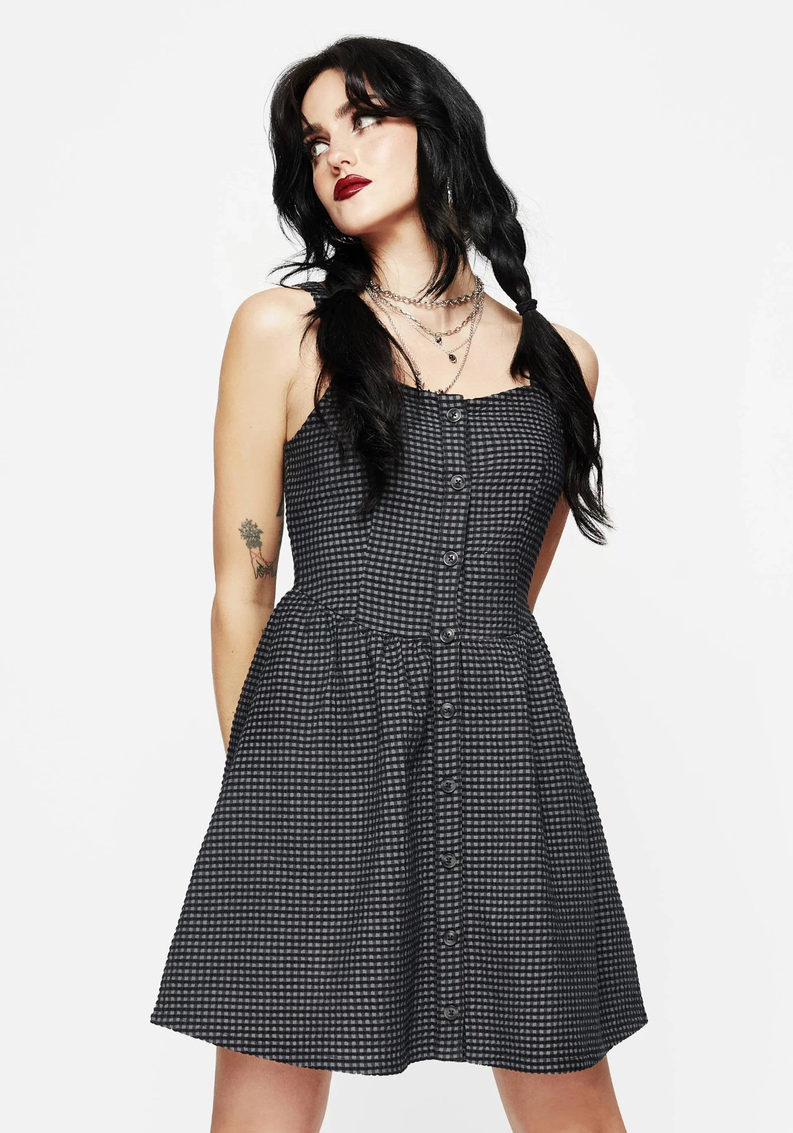 Faythe Cotton Check Button Up Apron Mini Dress - Image 4