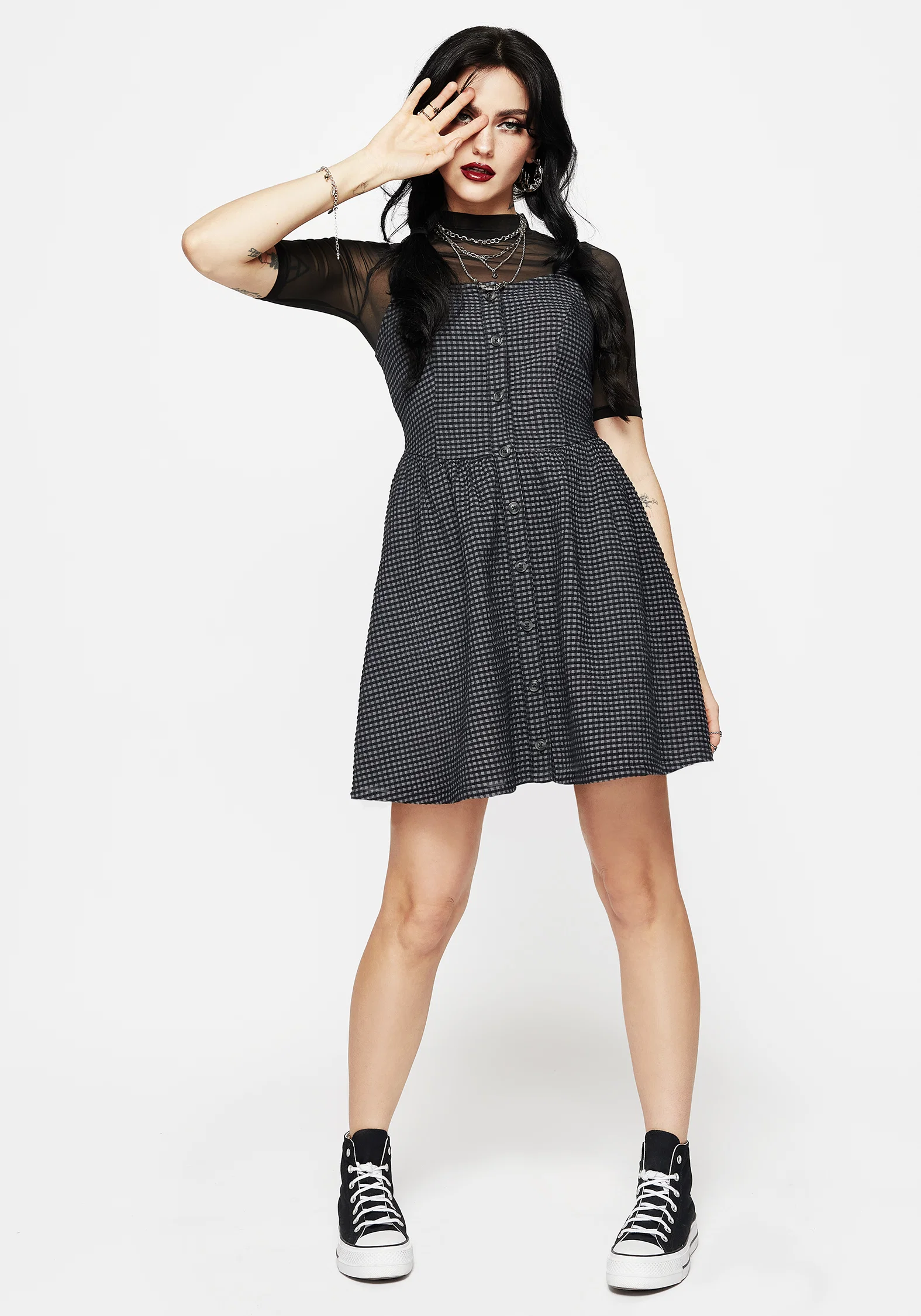 Faythe Cotton Check Button Up Apron Mini Dress - Image 6