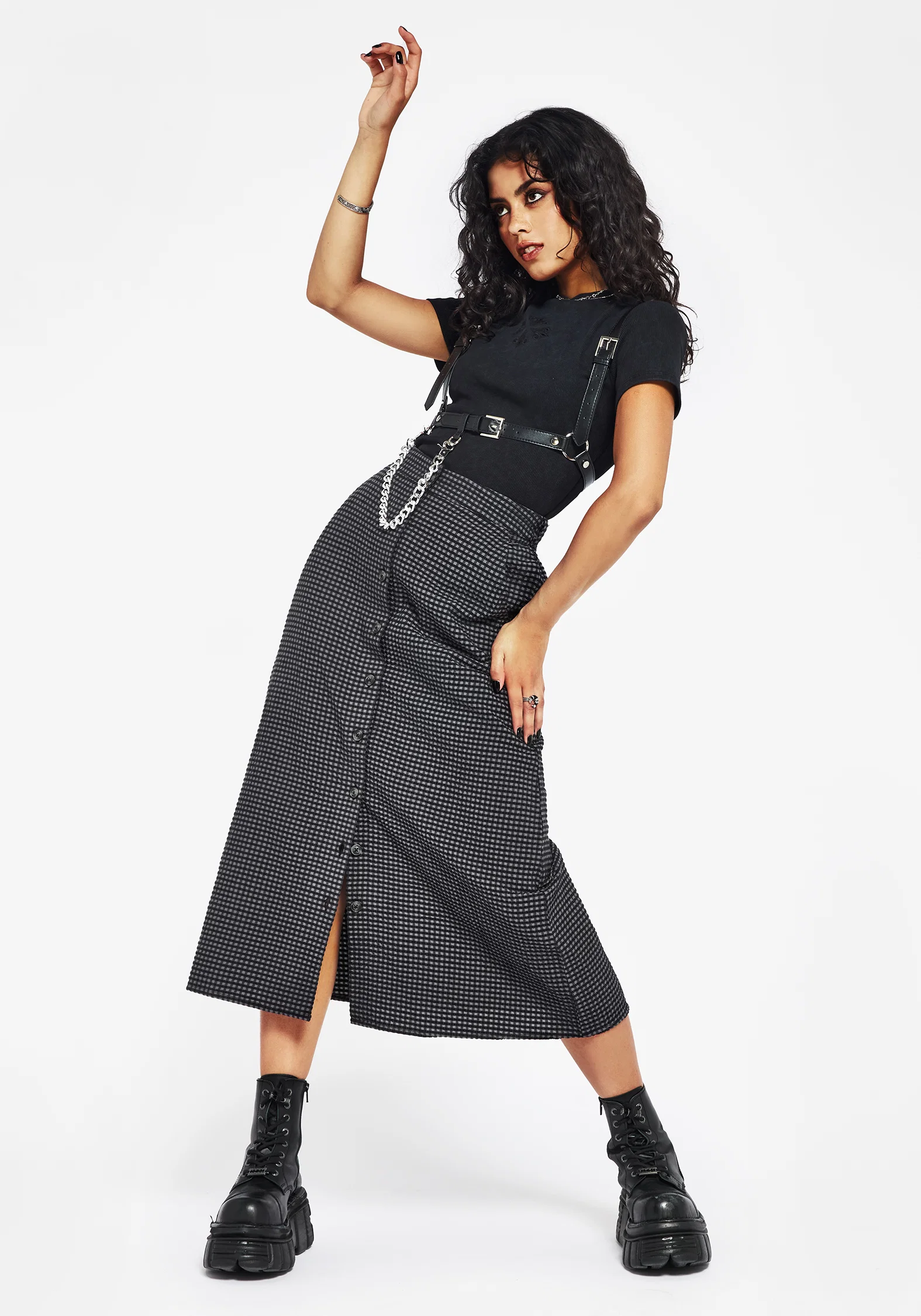 Faythe Cotton Check Button Up Midi Skirt - Image 6