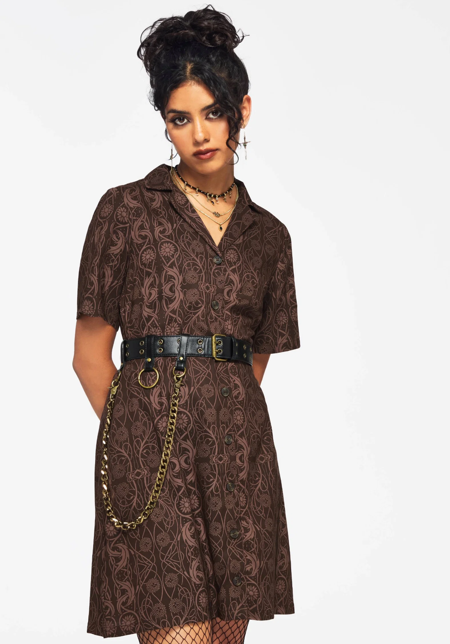 Fianna Button Front Mini Dress - Brown - Image 4