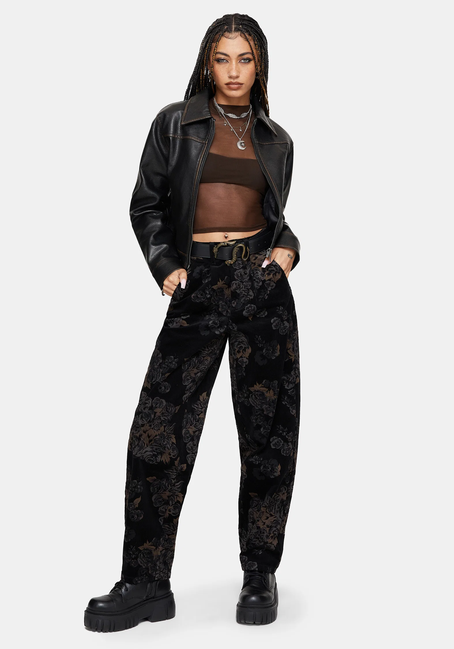 Fleur Printed Cord Barrel Leg Trouser - Image 5