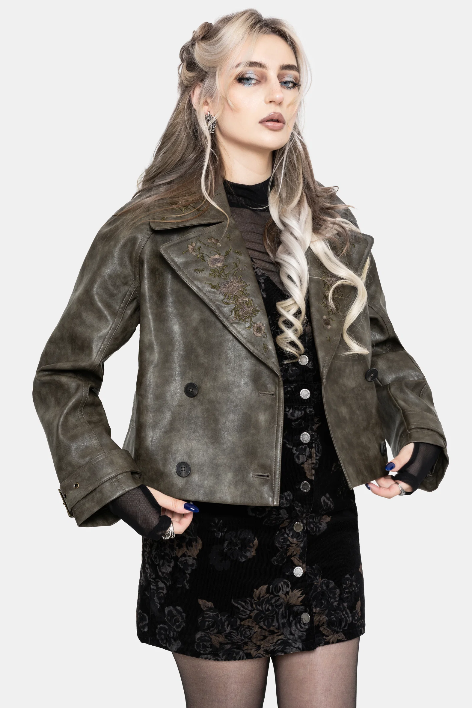 Fleux Embroidered Cropped Faux Leather Trench Jacket - Image 10