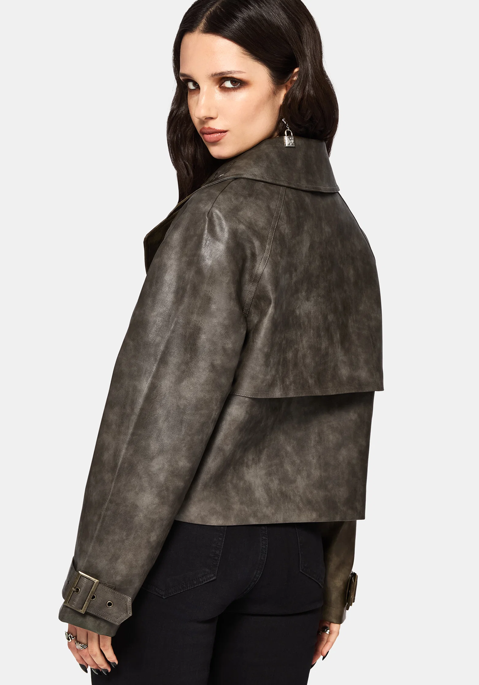Fleux Embroidered Cropped Faux Leather Trench Jacket - Image 3