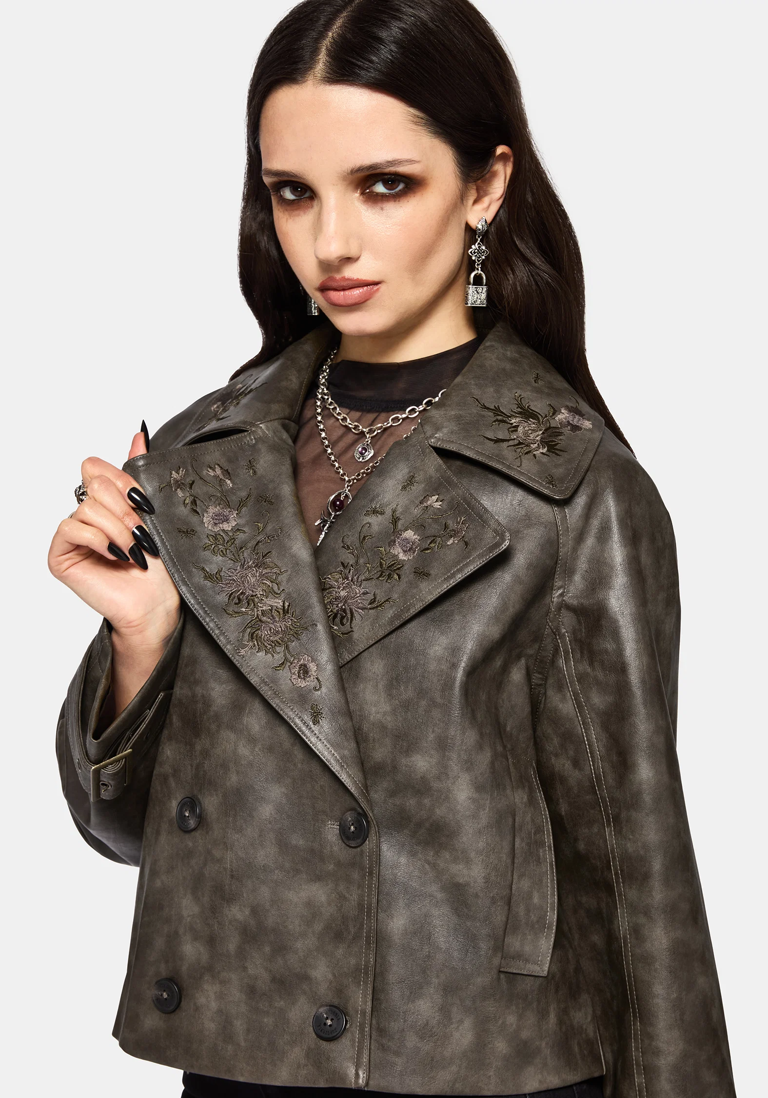 Fleux Embroidered Cropped Faux Leather Trench Jacket - Image 4