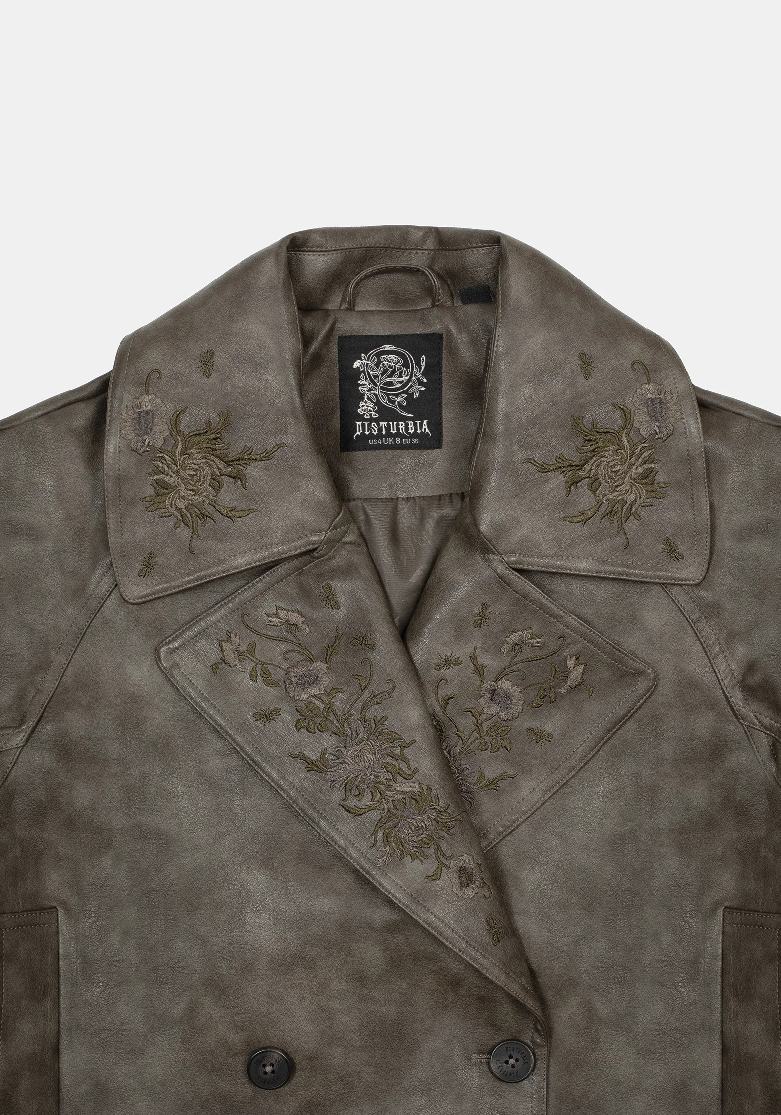 Fleux Embroidered Cropped Faux Leather Trench Jacket - Image 5