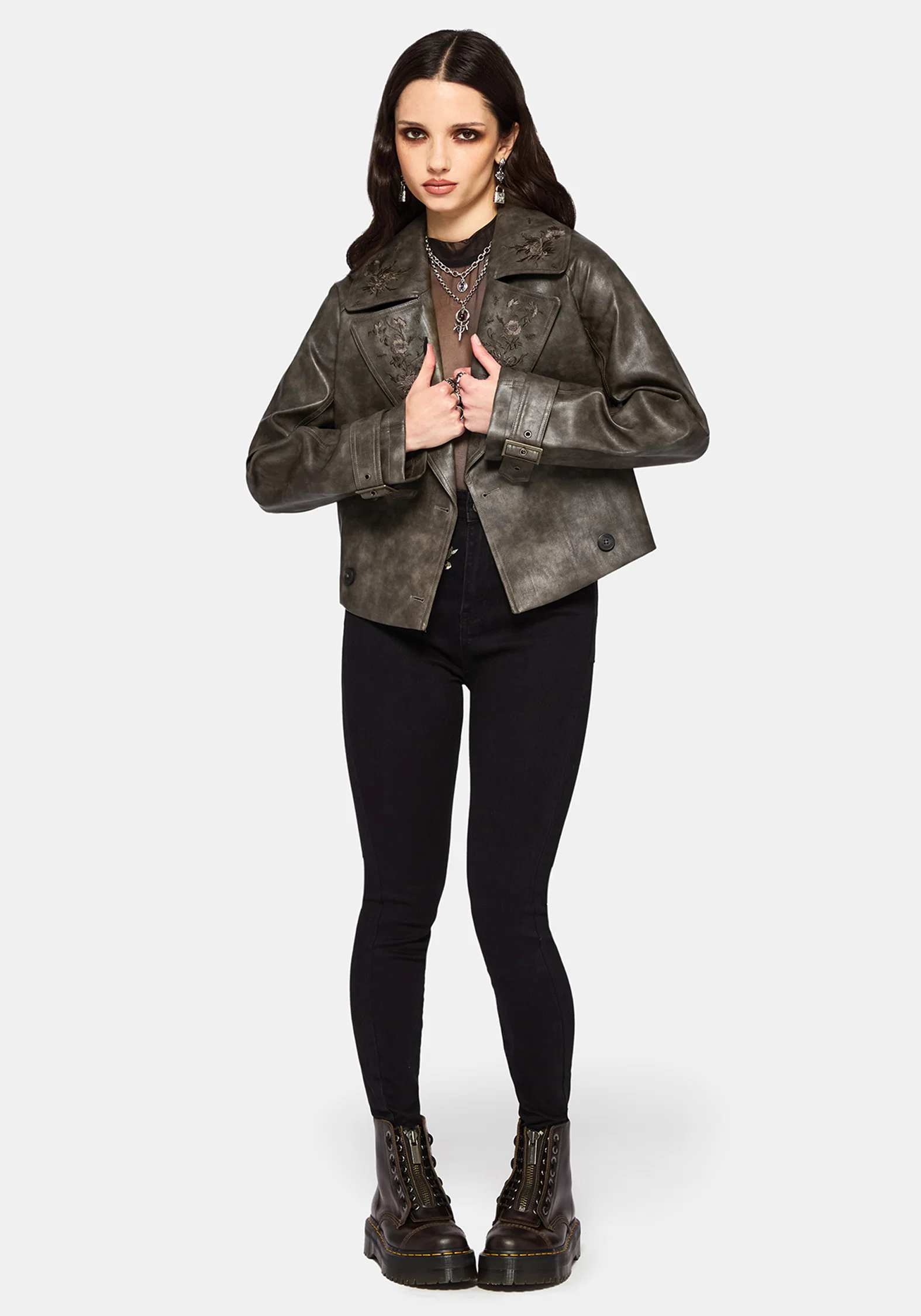 Fleux Embroidered Cropped Faux Leather Trench Jacket - Image 7