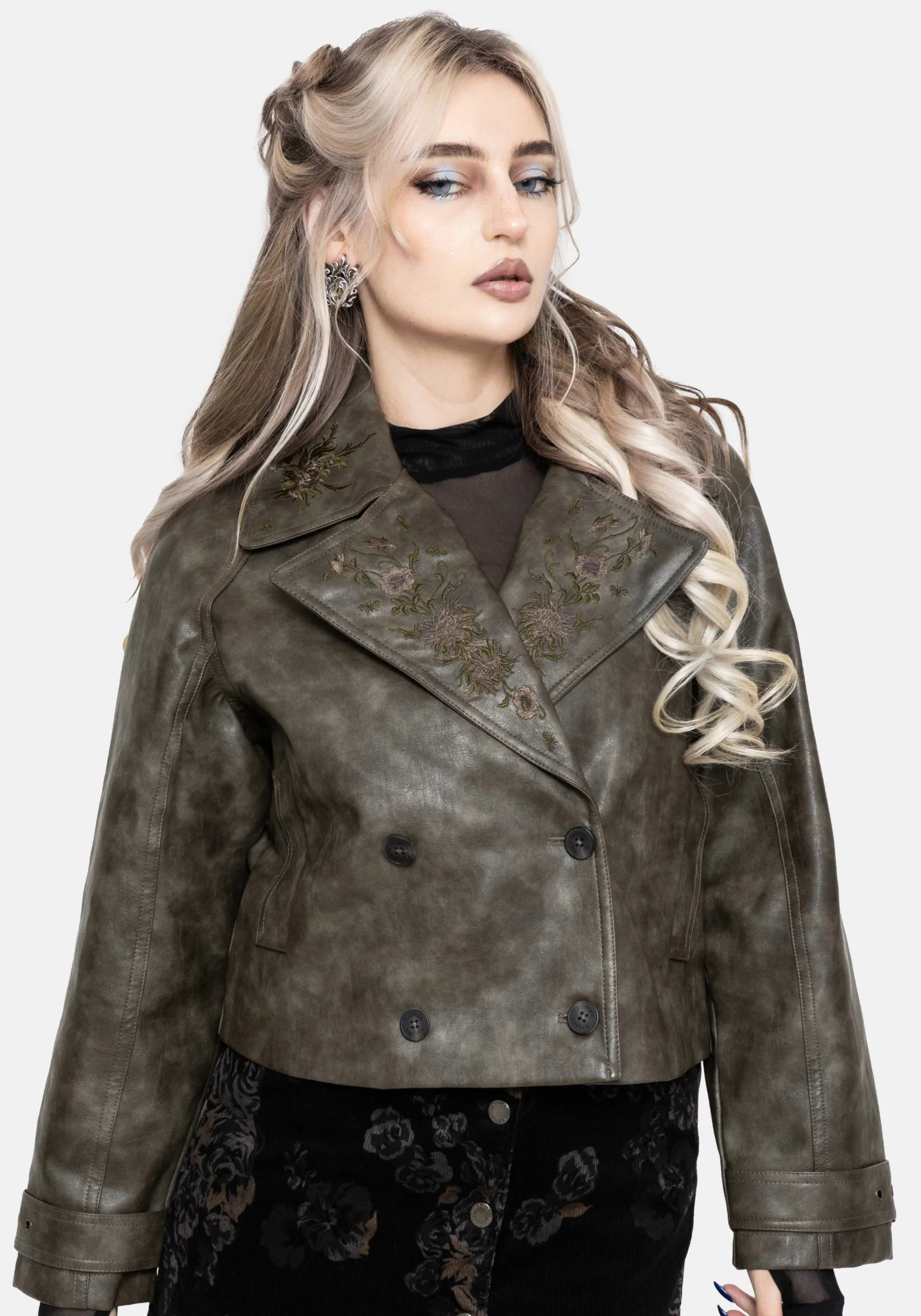 Fleux Embroidered Cropped Faux Leather Trench Jacket - Image 8