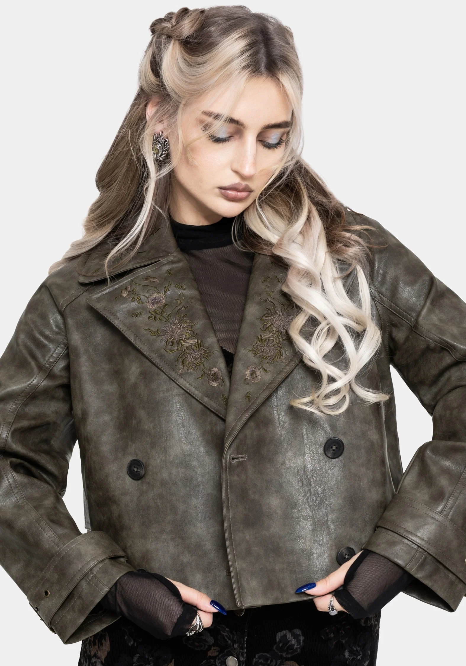 Fleux Embroidered Cropped Faux Leather Trench Jacket - Image 9