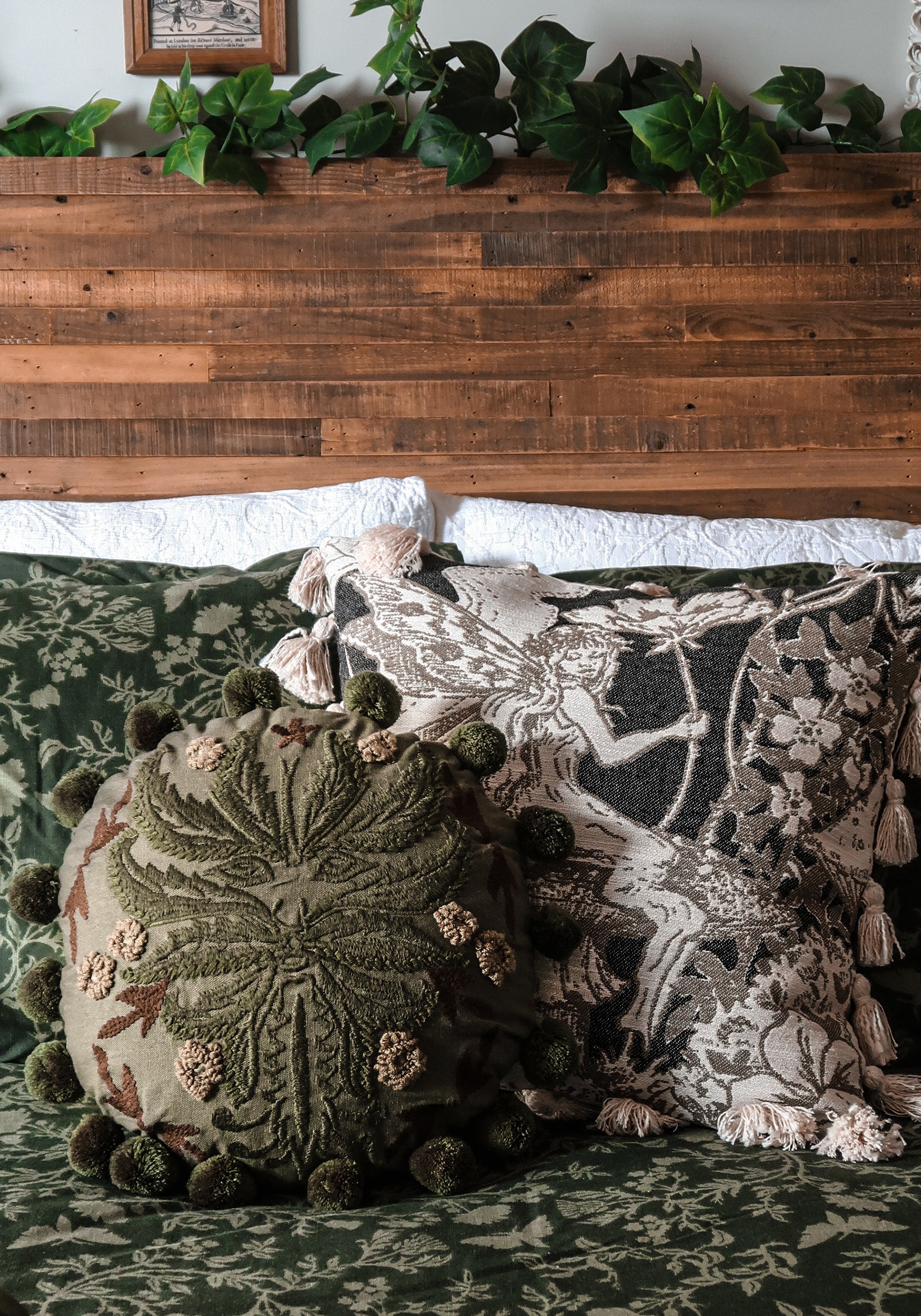 Foliate Embroidered Pom-Pom Round Cushion - Image 2