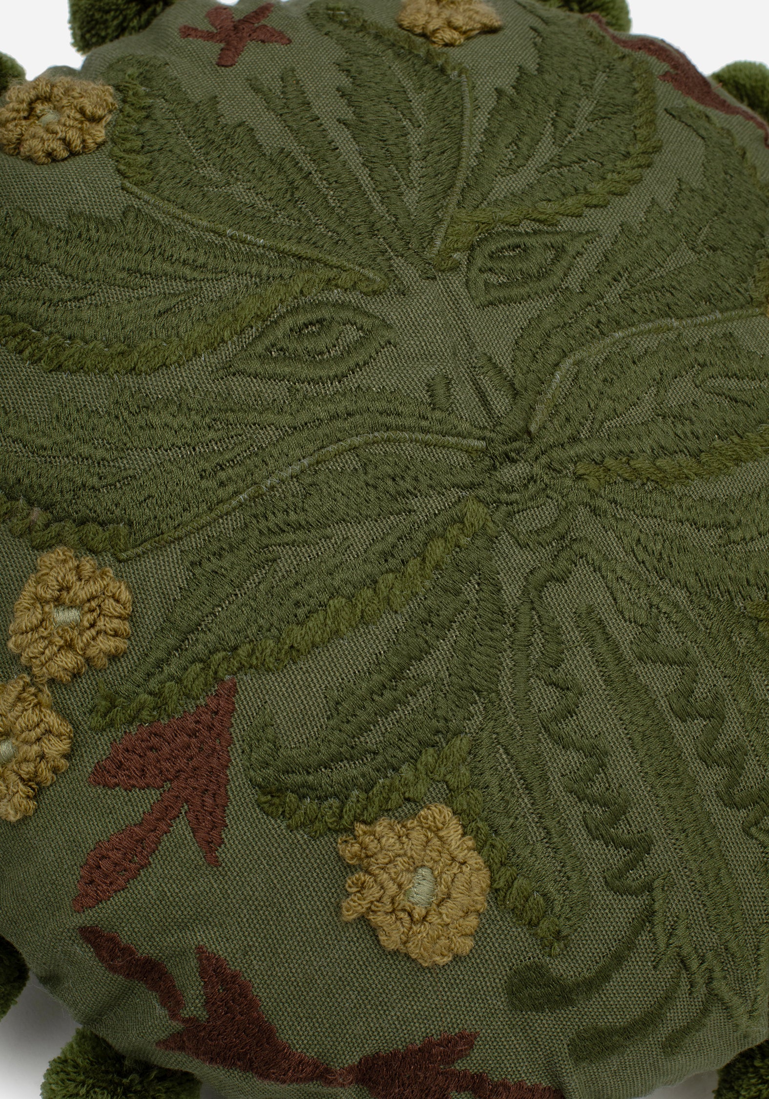 Foliate Embroidered Pom-Pom Round Cushion - Image 3