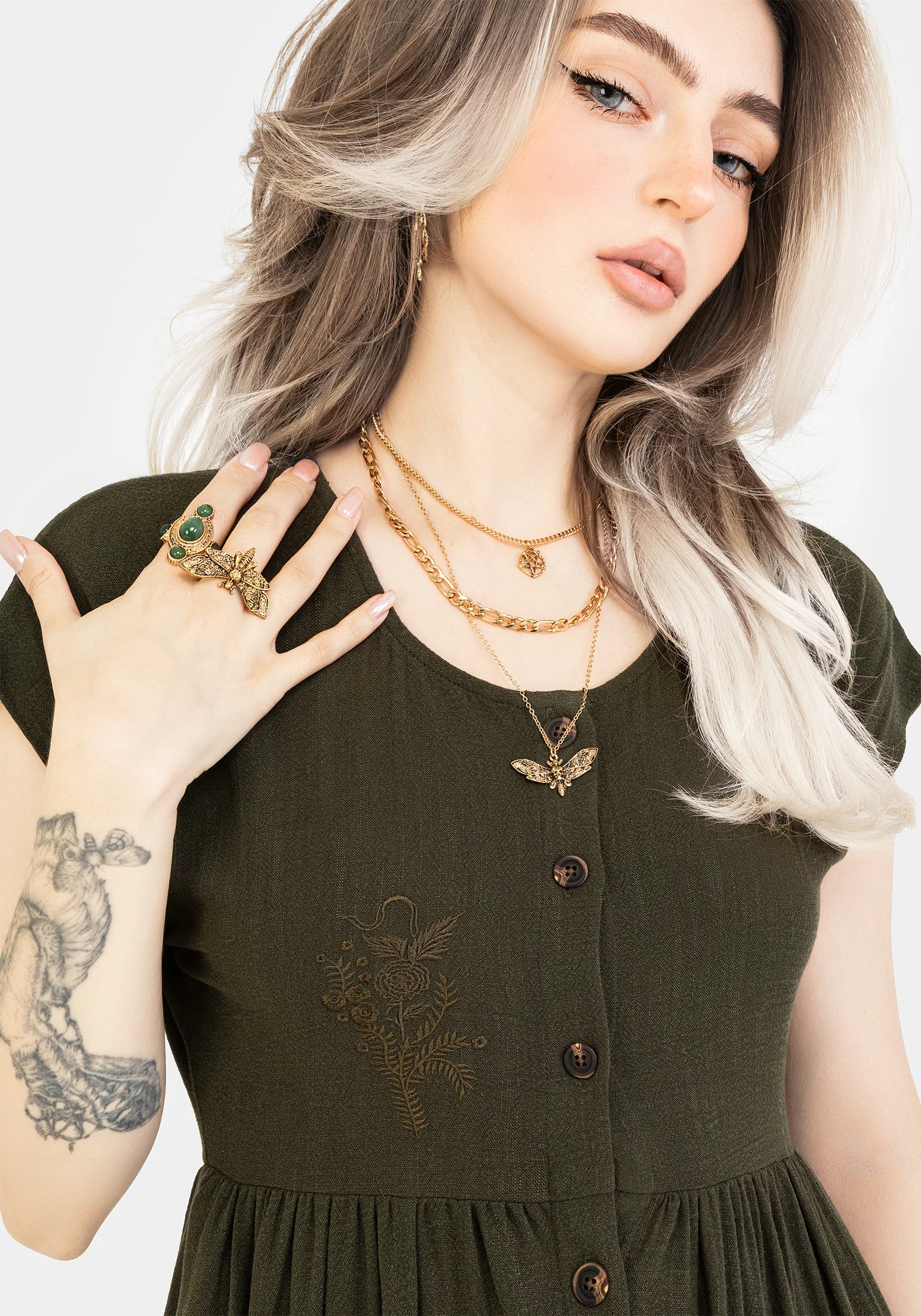 Foliate Linen-Blend Embroidered Button Up Midi Dress - Green - Image 2