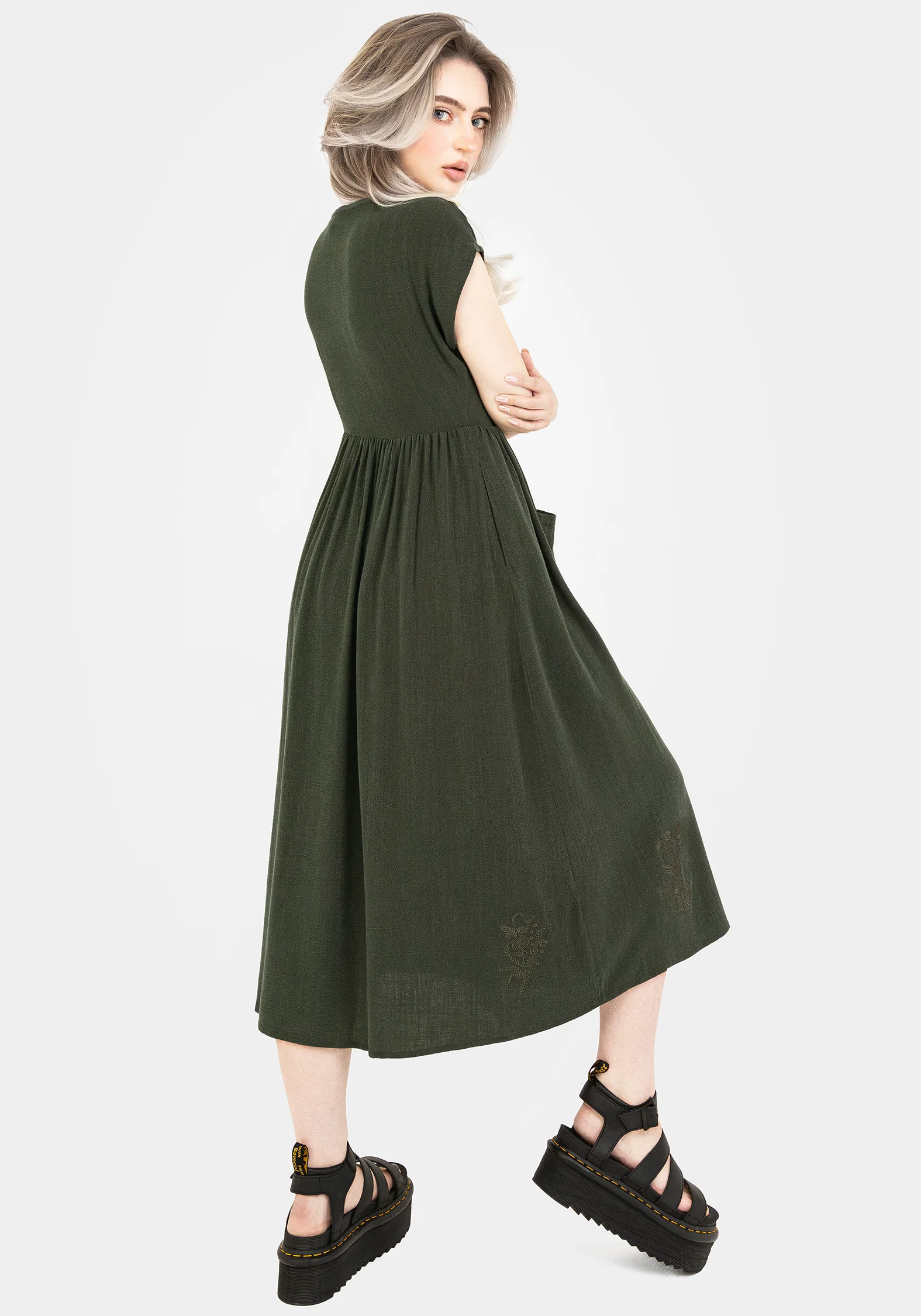 Foliate Linen-Blend Embroidered Button Up Midi Dress - Green - Image 3