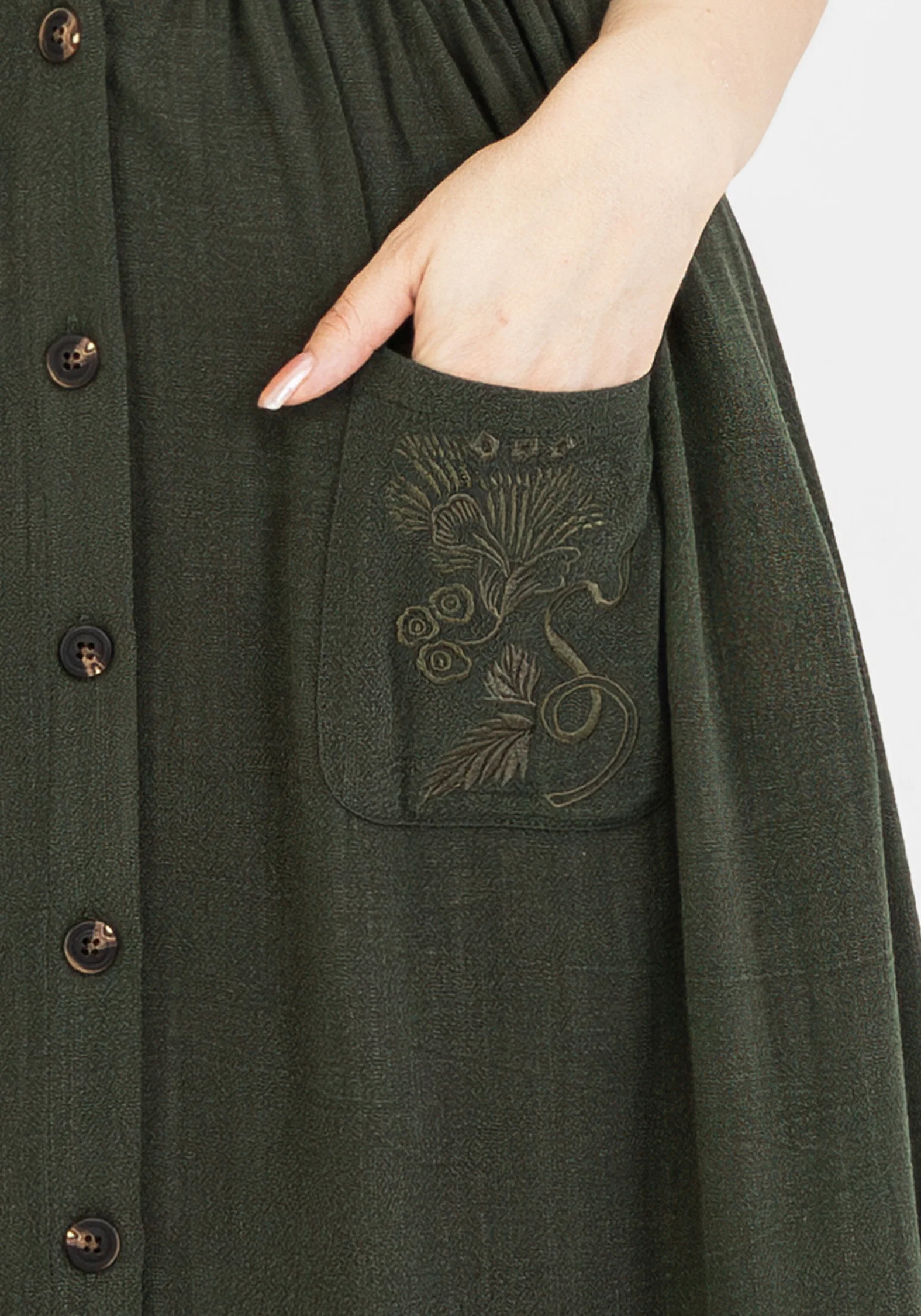 Foliate Linen-Blend Embroidered Button Up Midi Dress - Green - Image 4