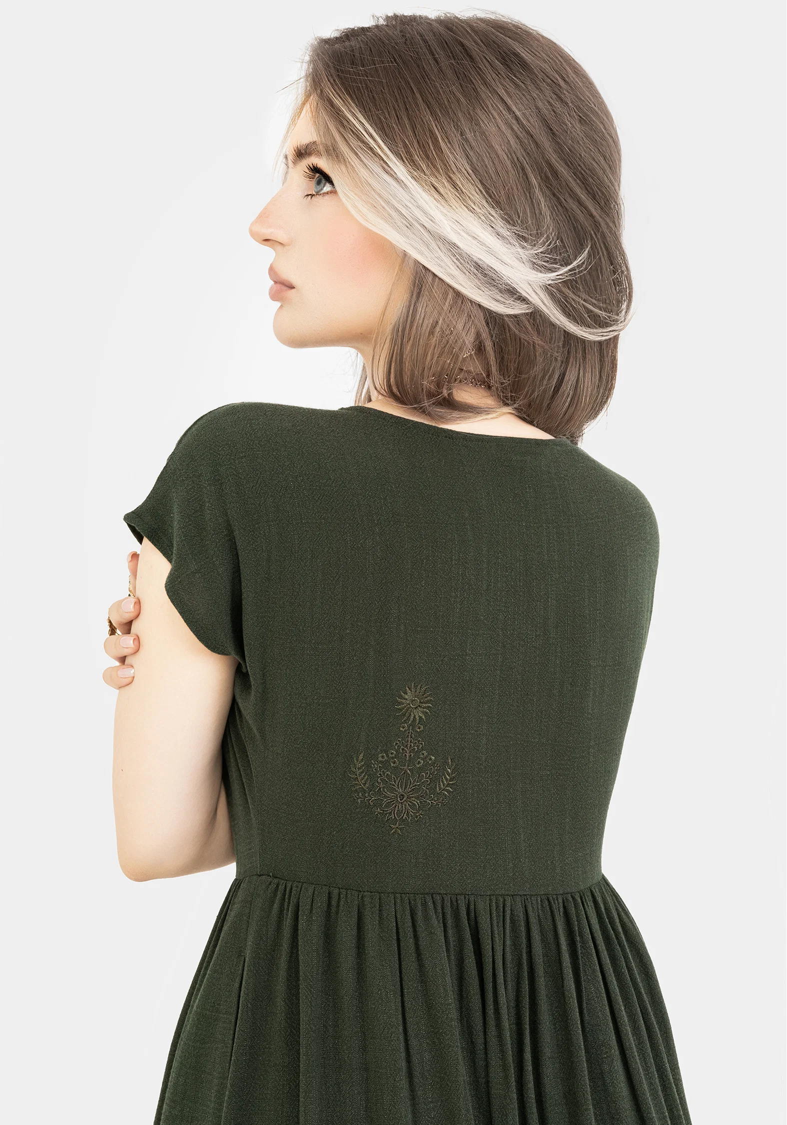 Foliate Linen-Blend Embroidered Button Up Midi Dress - Green - Image 5