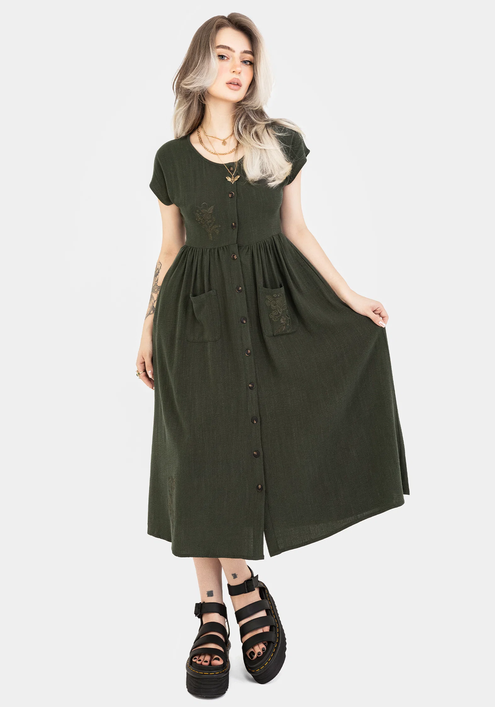 Foliate Linen-Blend Embroidered Button Up Midi Dress - Green - Image 6