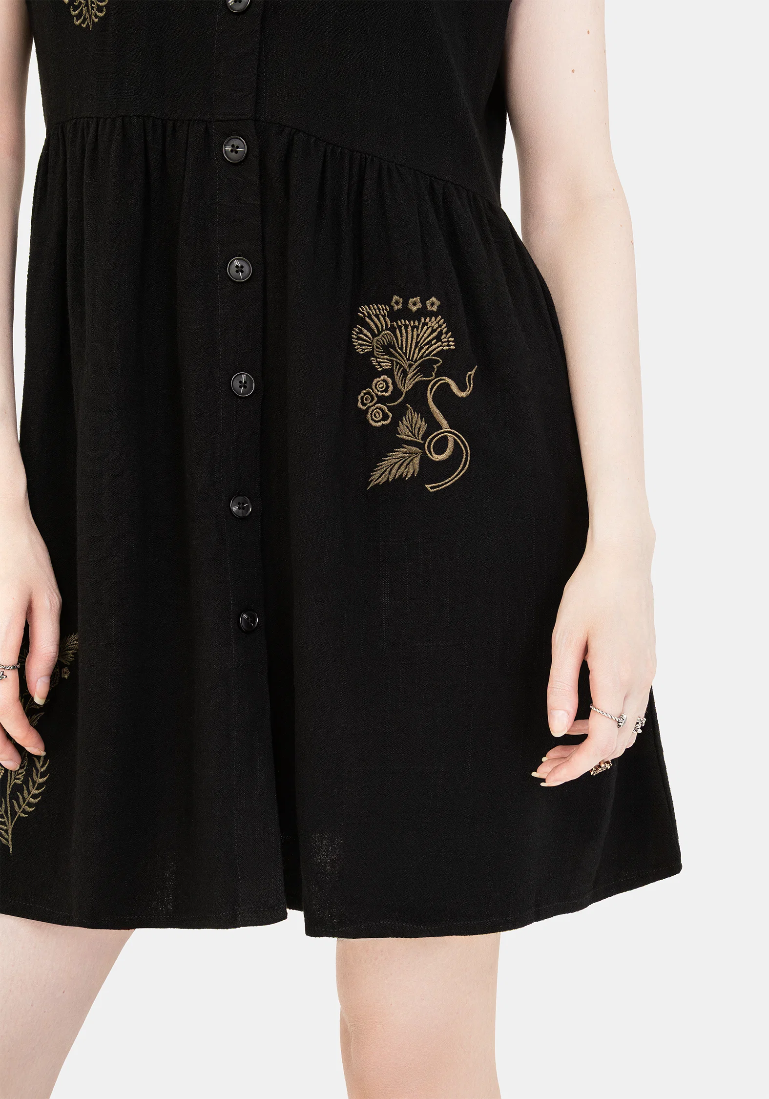 Foliate Linen-Blend Embroidered Button Up Mini Dress - Black - Image 2