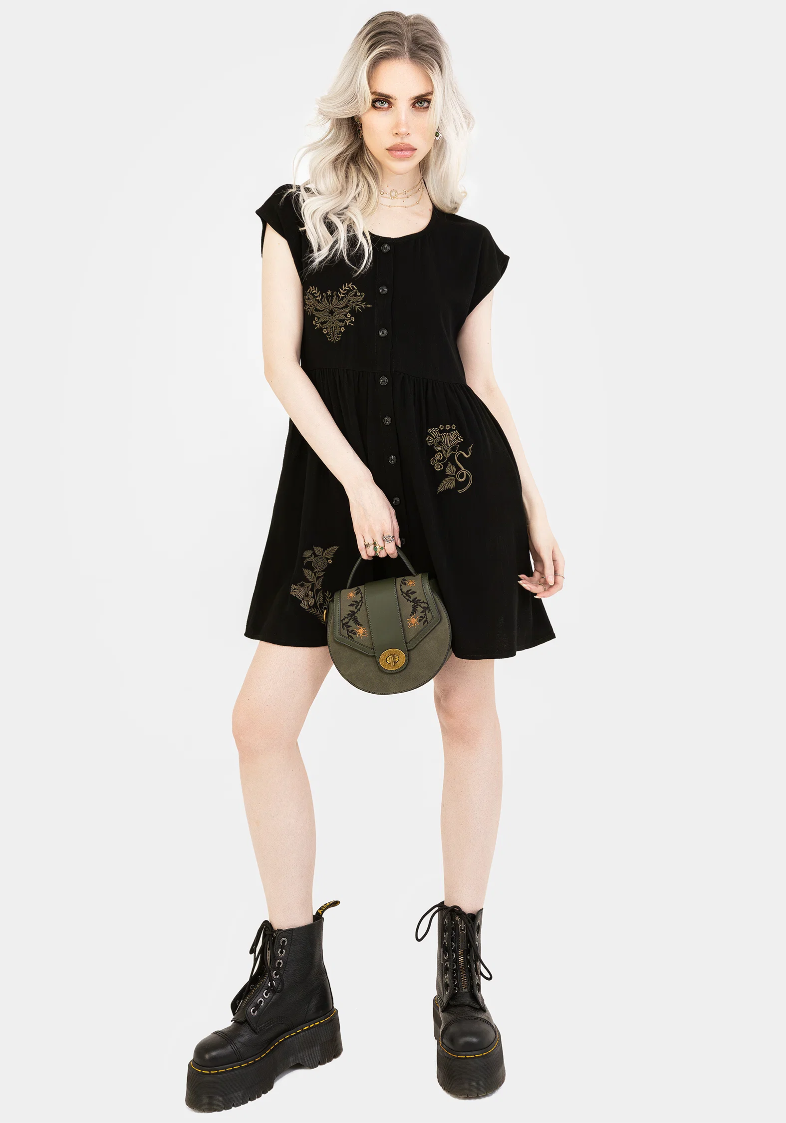 Foliate Linen-Blend Embroidered Button Up Mini Dress - Black - Image 4