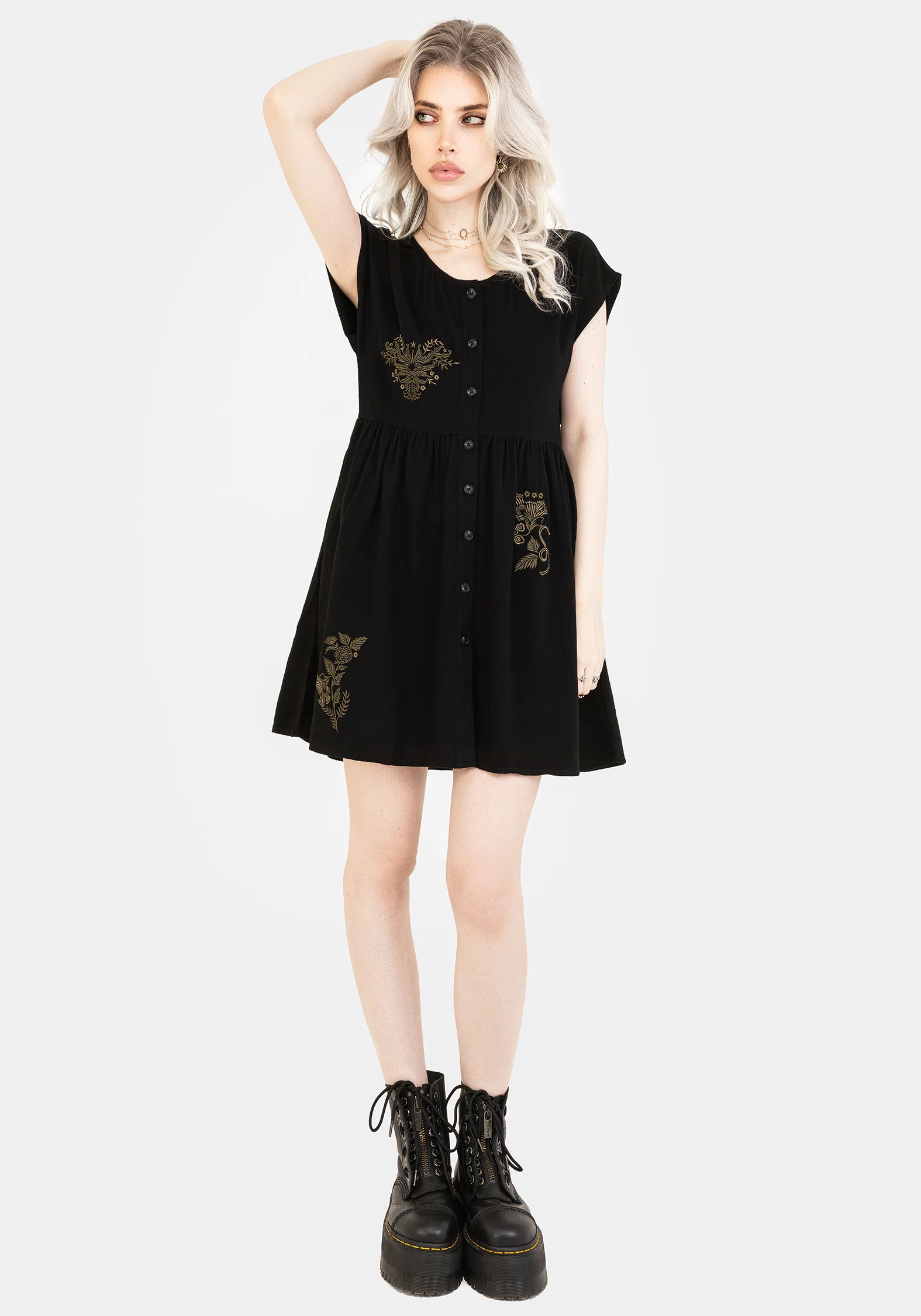 Foliate Linen-Blend Embroidered Button Up Mini Dress - Black - Image 5