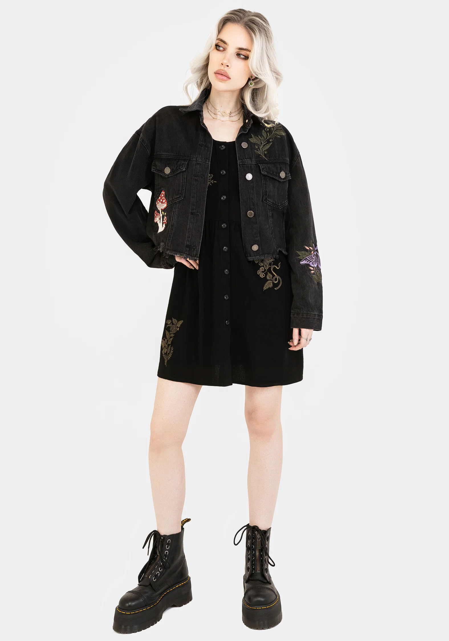 Foliate Linen-Blend Embroidered Button Up Mini Dress - Black - Image 6