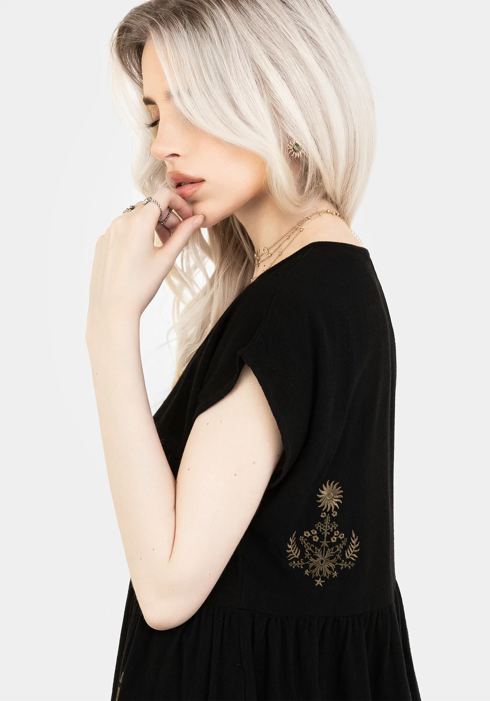 Foliate Linen-Blend Embroidered Button Up Mini Dress - Black - Image 7
