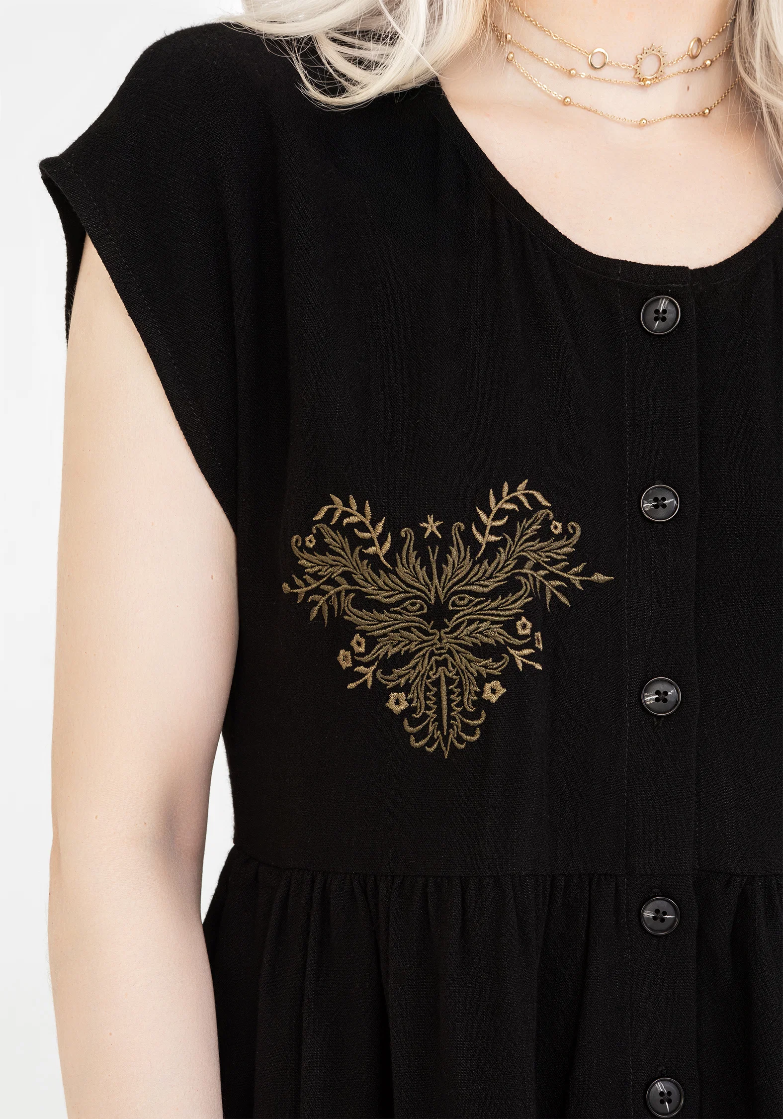 Foliate Linen-Blend Embroidered Button Up Mini Dress - Black - Image 8