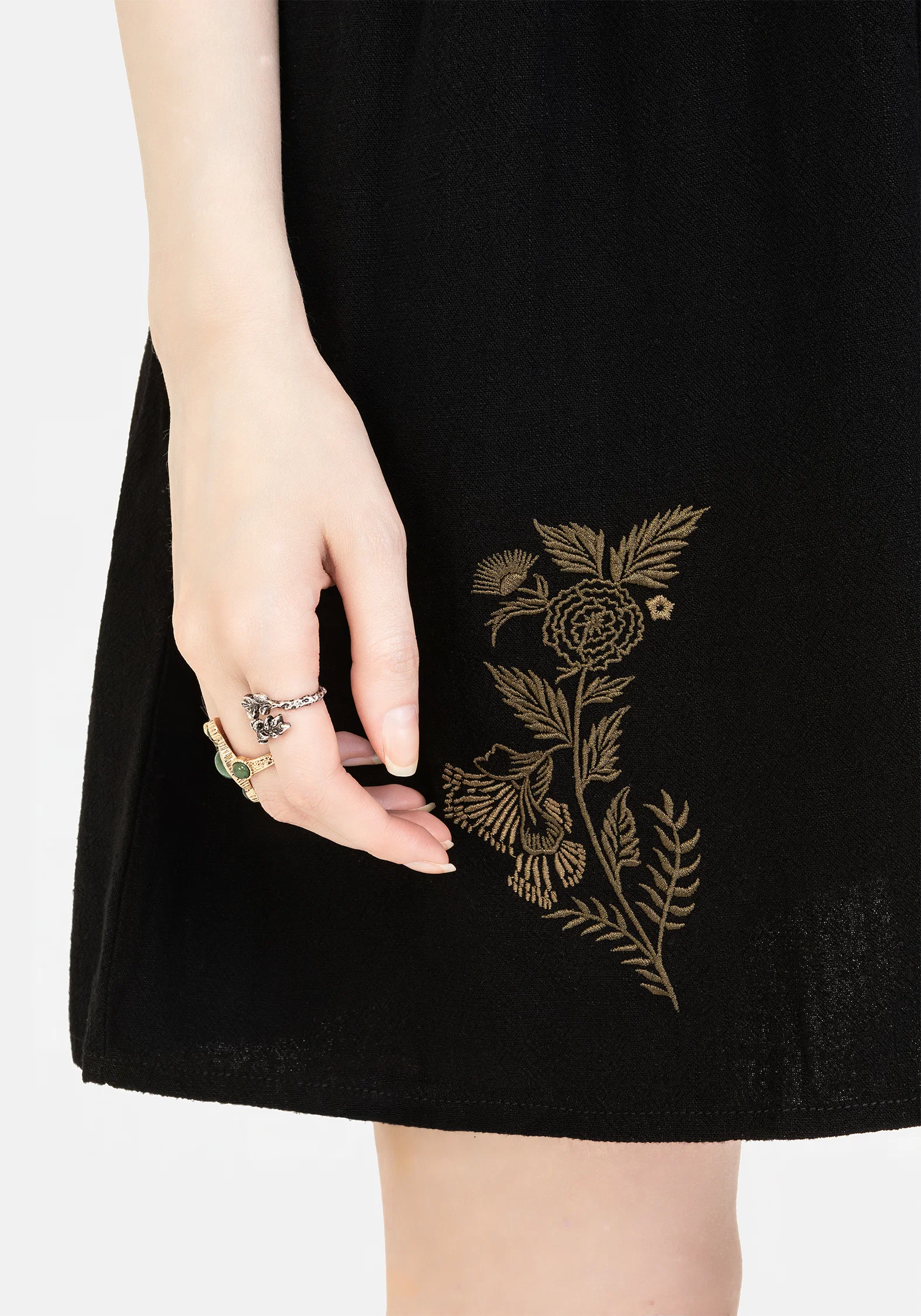 Foliate Linen-Blend Embroidered Button Up Mini Dress - Black - Image 9