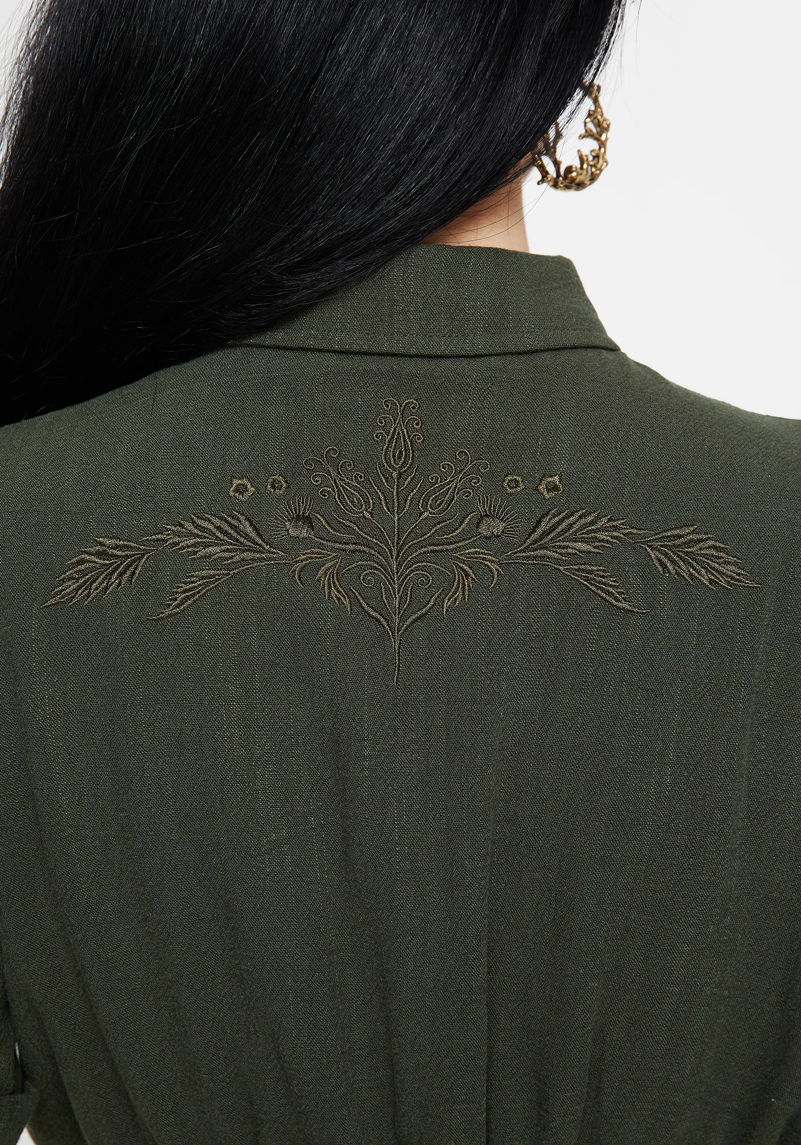 Foliate Linen-Blend Embroidered Short Sleeve Crop Shirt - Green - Image 2