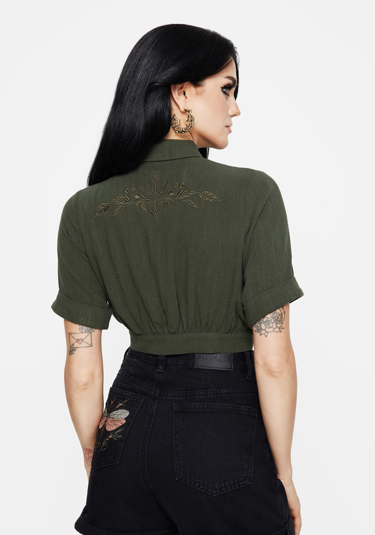 Foliate Linen-Blend Embroidered Short Sleeve Crop Shirt - Green - Image 3