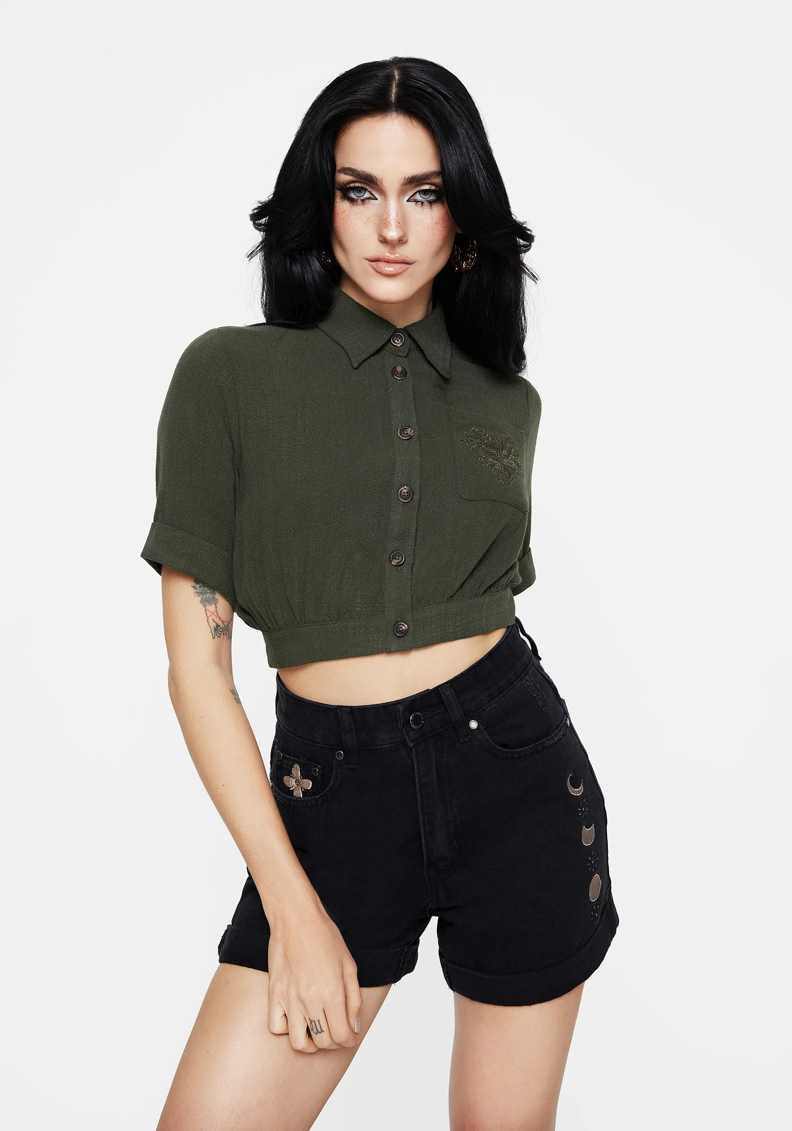 Foliate Linen-Blend Embroidered Short Sleeve Crop Shirt - Green - Image 4