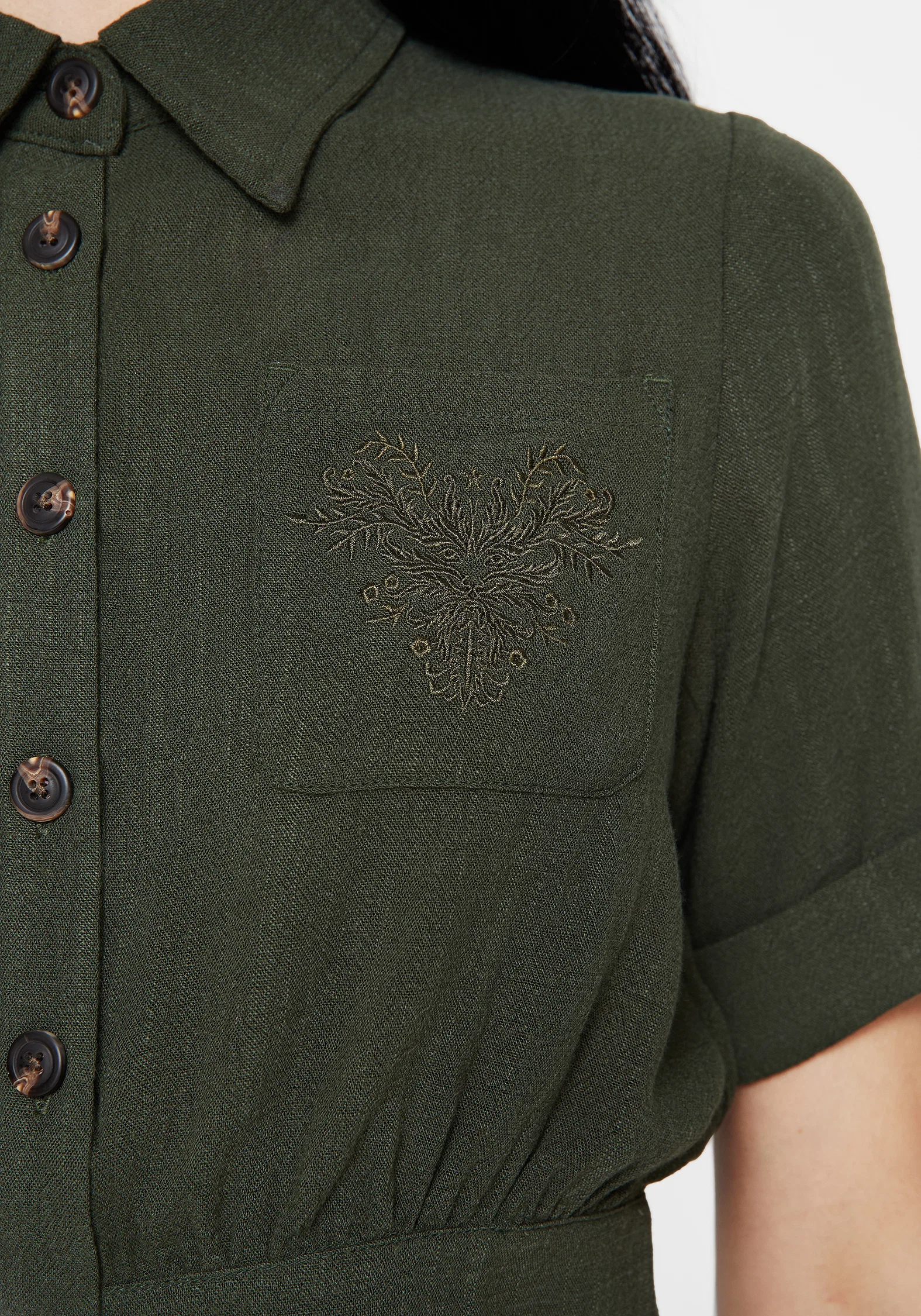 Foliate Linen-Blend Embroidered Short Sleeve Crop Shirt - Green - Image 5
