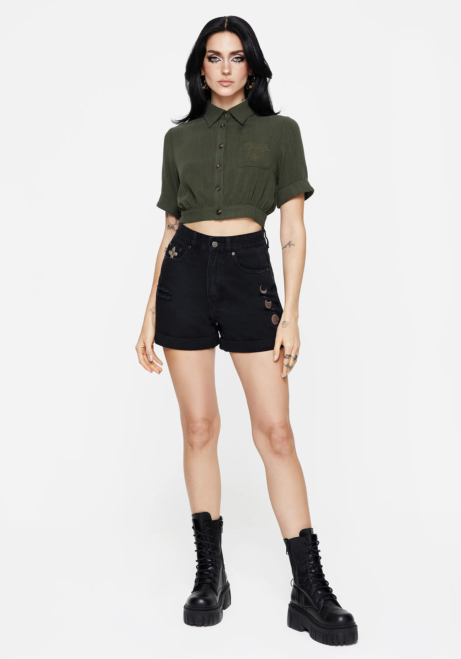 Foliate Linen-Blend Embroidered Short Sleeve Crop Shirt - Green - Image 6