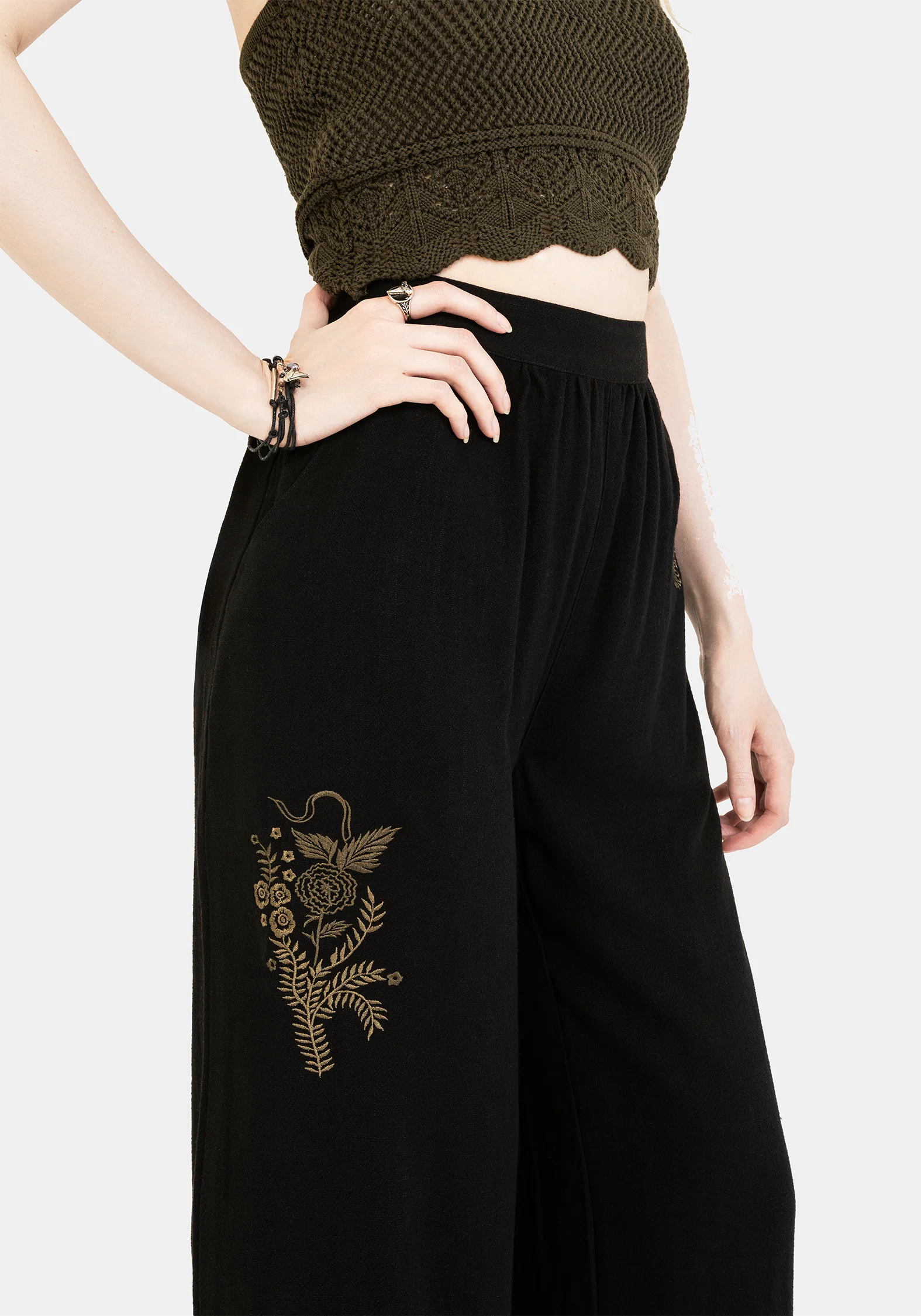 Foliate Linen-Blend Embroidered Wide Leg Trousers - Black - Image 2
